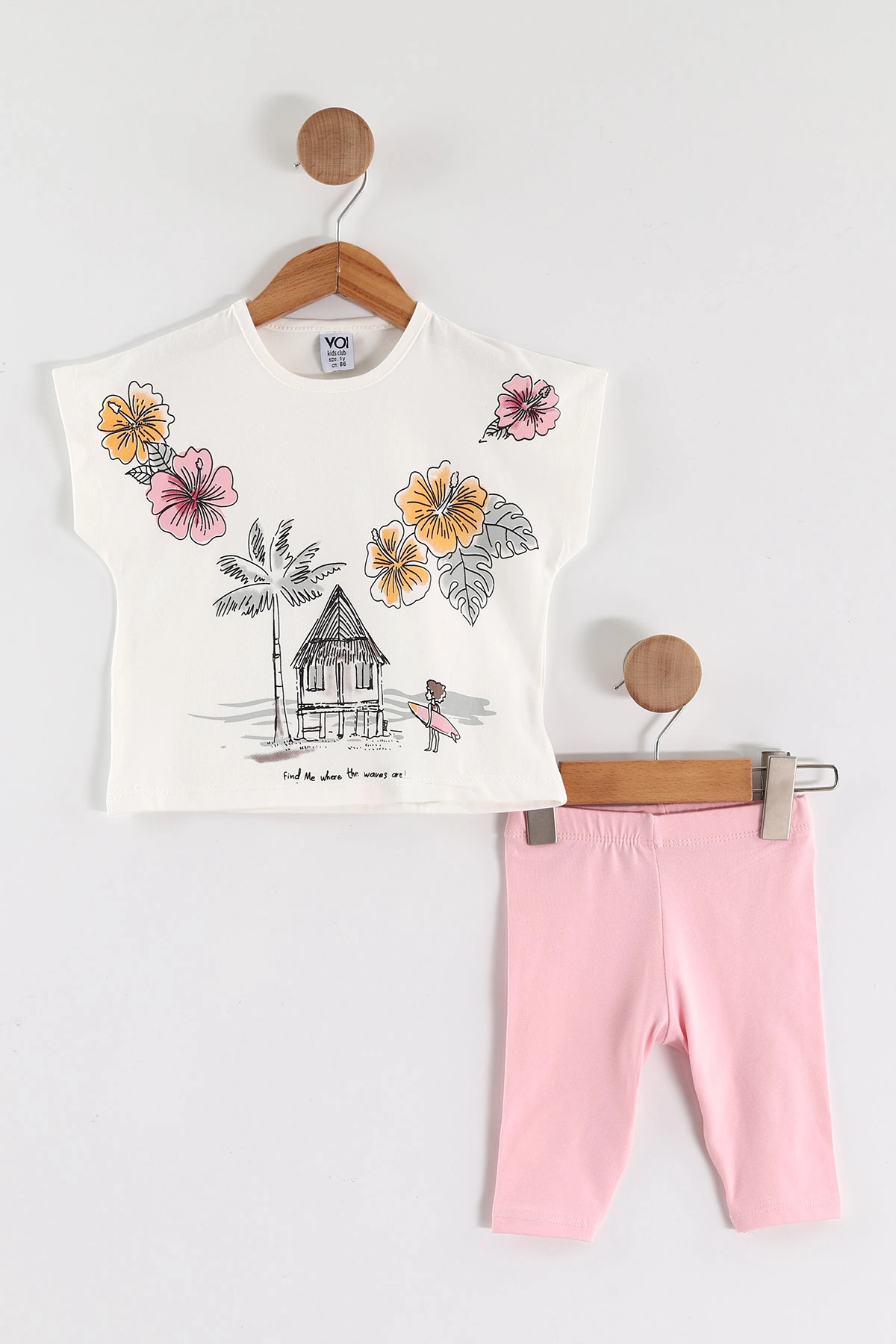 Pembe (0-4 Yaş)Palmiye Baskılı Taytlı Kız Çocuk Yazlık Takım 459820