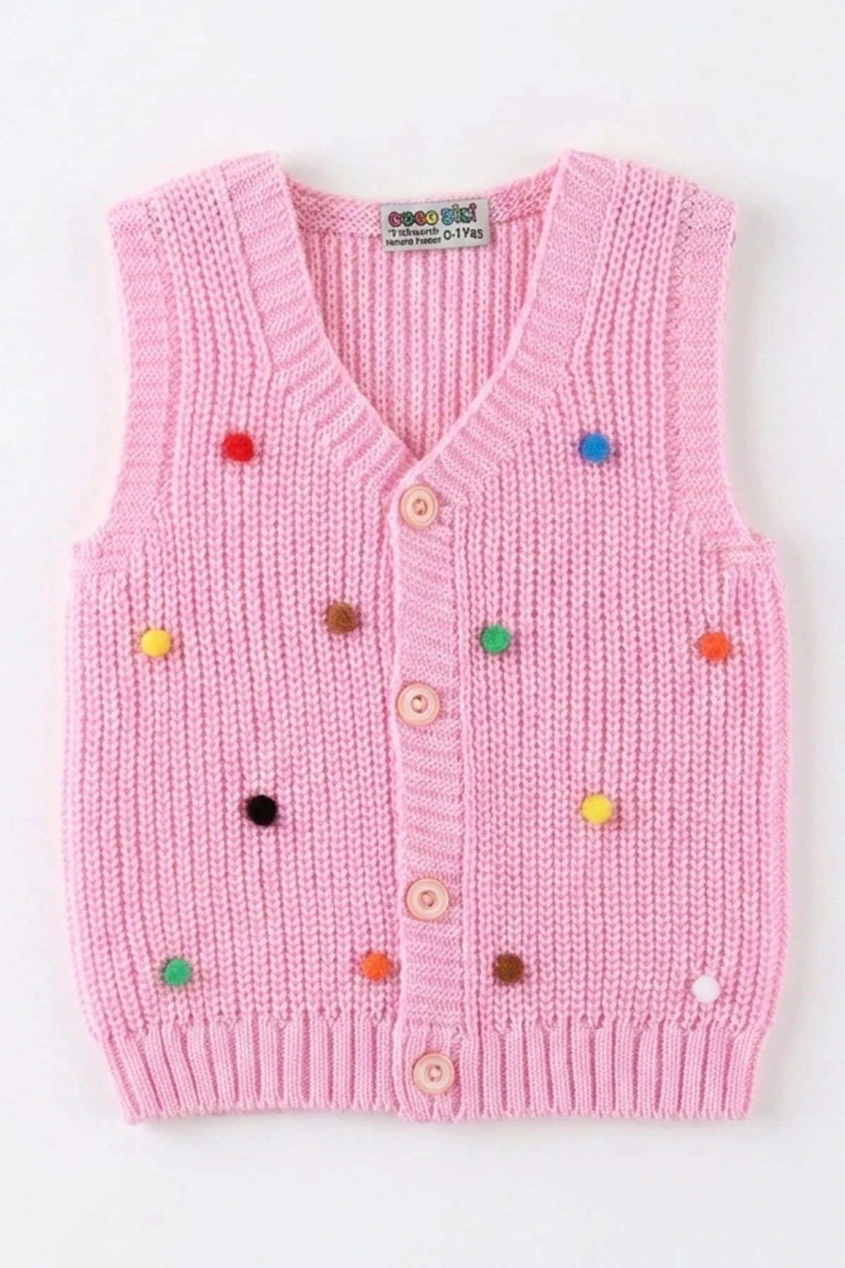 Pembe (0-5 Yaş) Ponpon Süslü Düğmeli Kız Çocuk Yelek 474488
