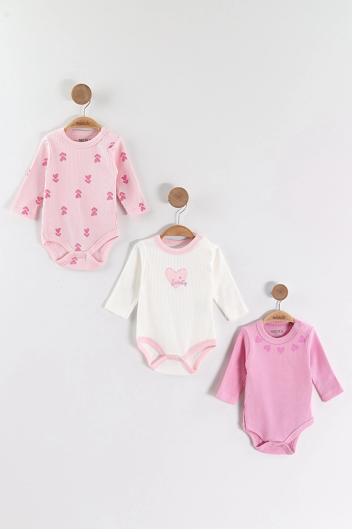 Pembe (0-6 Ay) Kalp Baskılı  Raporlu Uzun Kol 3'lü Kız Bebek Çıtçıtlı Badi 469242