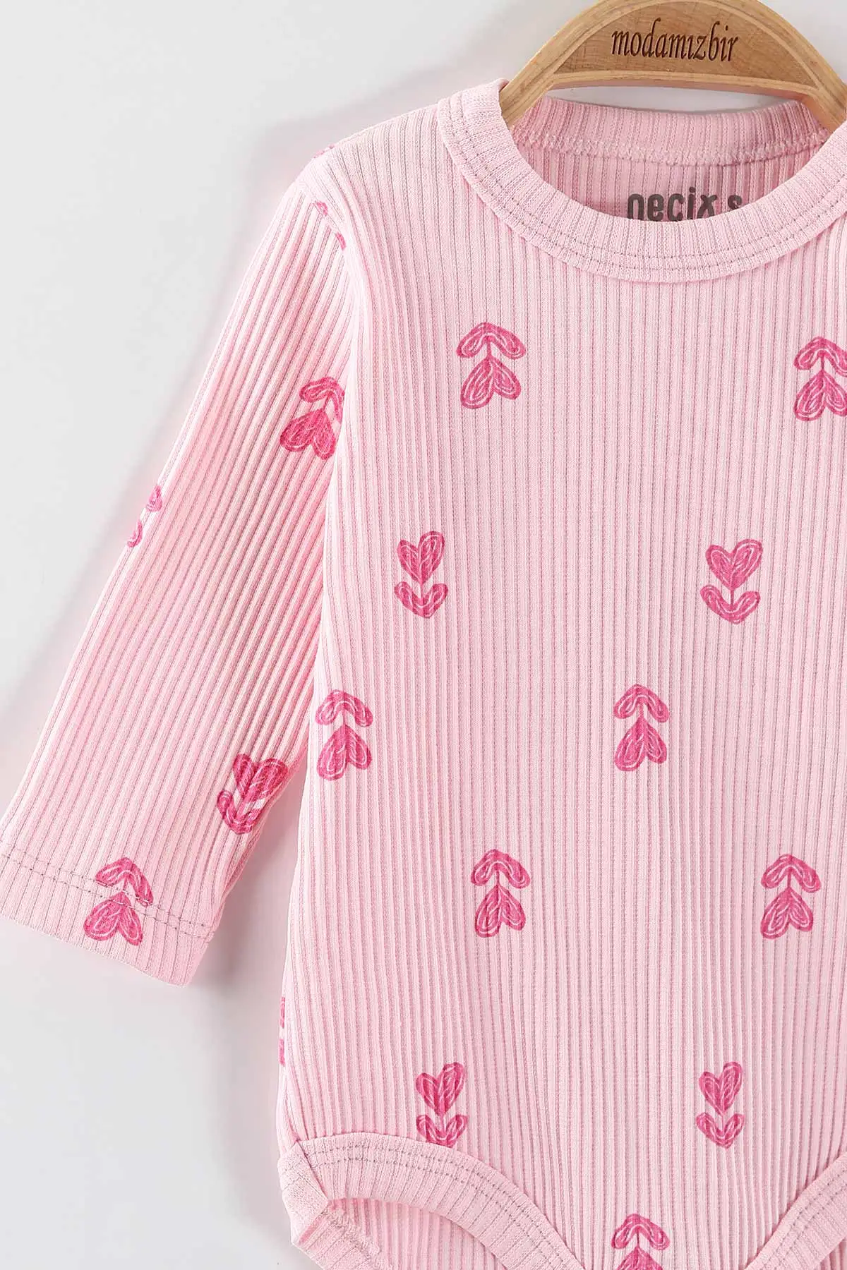 Pembe (0-6 Ay) Kalp Baskılı  Raporlu Uzun Kol 3'lü Kız Bebek Çıtçıtlı Badi 469242