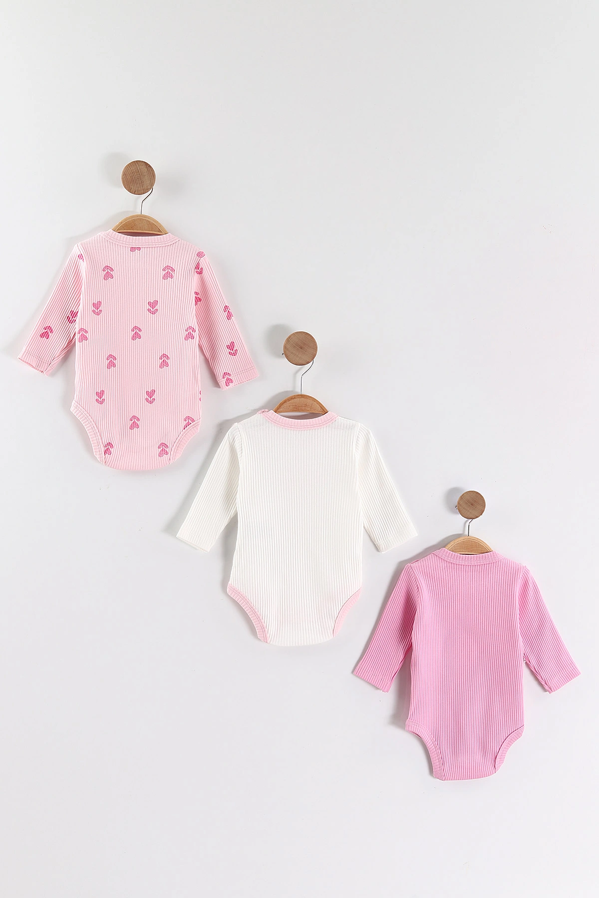 Pembe (0-6 Ay) Kalp Baskılı  Raporlu Uzun Kol 3'lü Kız Bebek Çıtçıtlı Badi 469242