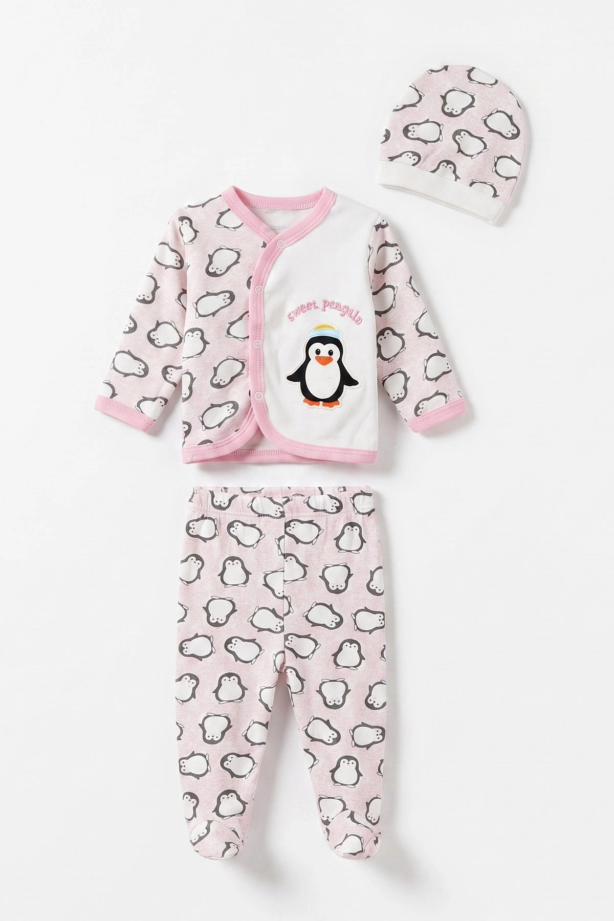 Pembe (0-6 Ay) Penguen Baskılı Patikli Şapkalı Bebek Zıbın Seti 477326