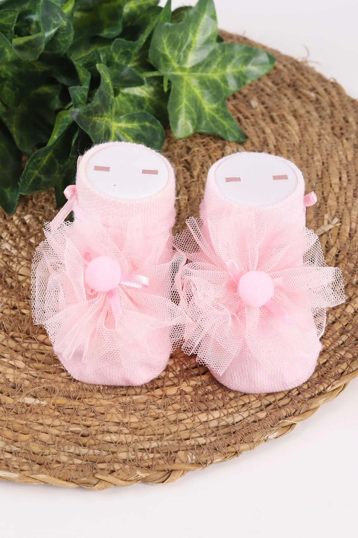 Pembe (0-6 Ay) Ponpon Aksesuarlı Kız Bebek Çorap 467432