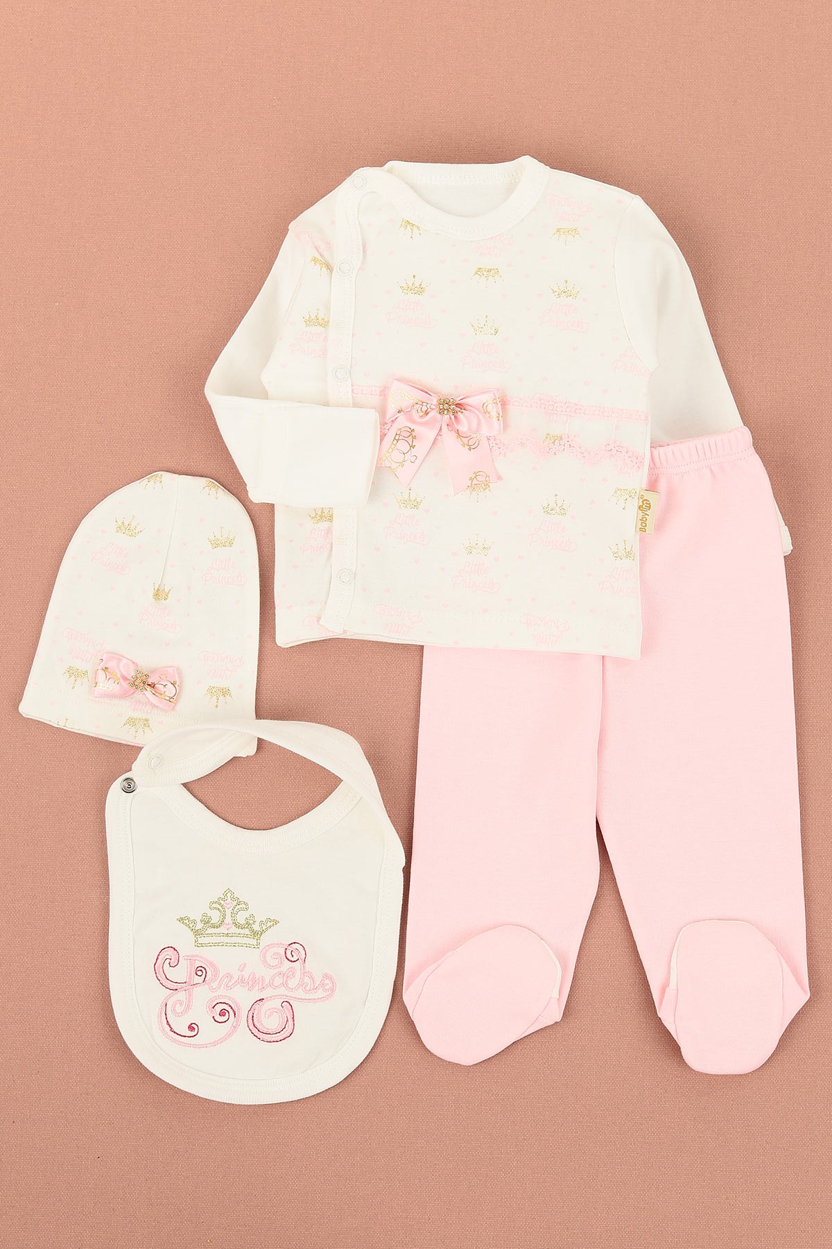 Pembe (0-6 Ay) Prenses Nakışlı Kurdeleli 4'lü Kız Çocuk Takım 148128