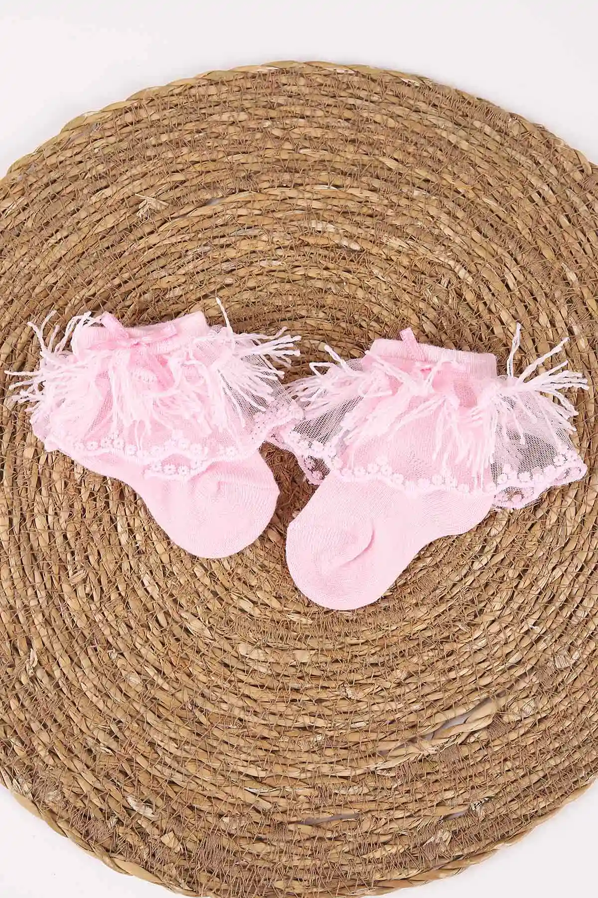 Pembe (0-6 Ay) Saçaklı ve Tüllü Kız Bebek Çorap 467419