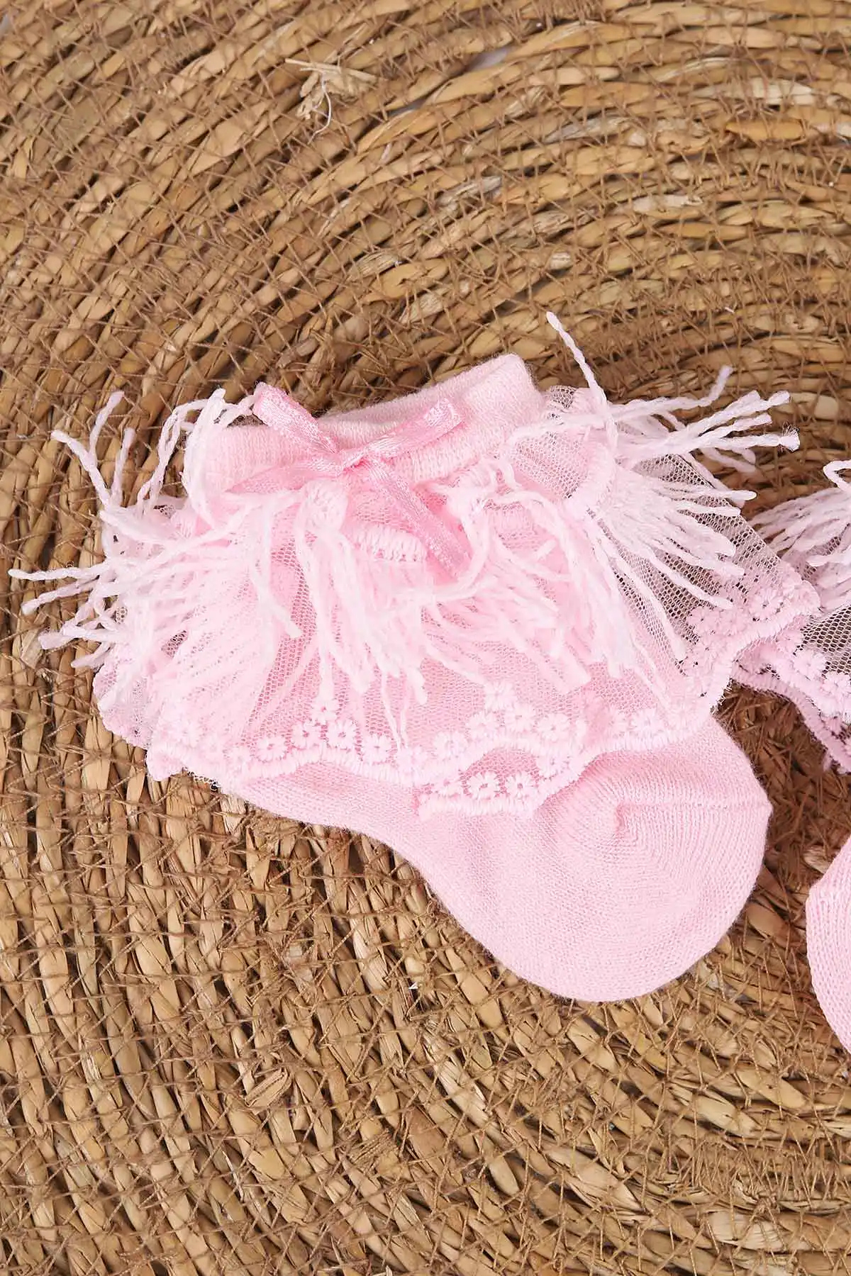 Pembe (0-6 Ay) Saçaklı ve Tüllü Kız Bebek Çorap 467419