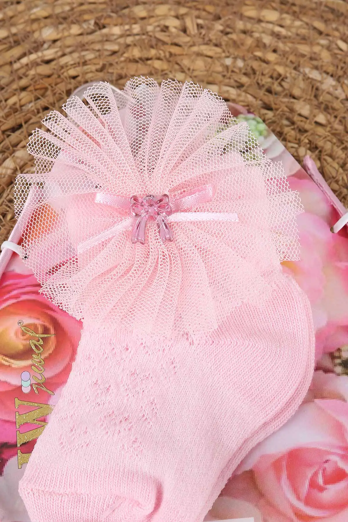 Pembe (0-6 Ay) Tüllü Fiyonklu Kız Bebek Taç ve Çorap Seti 467507