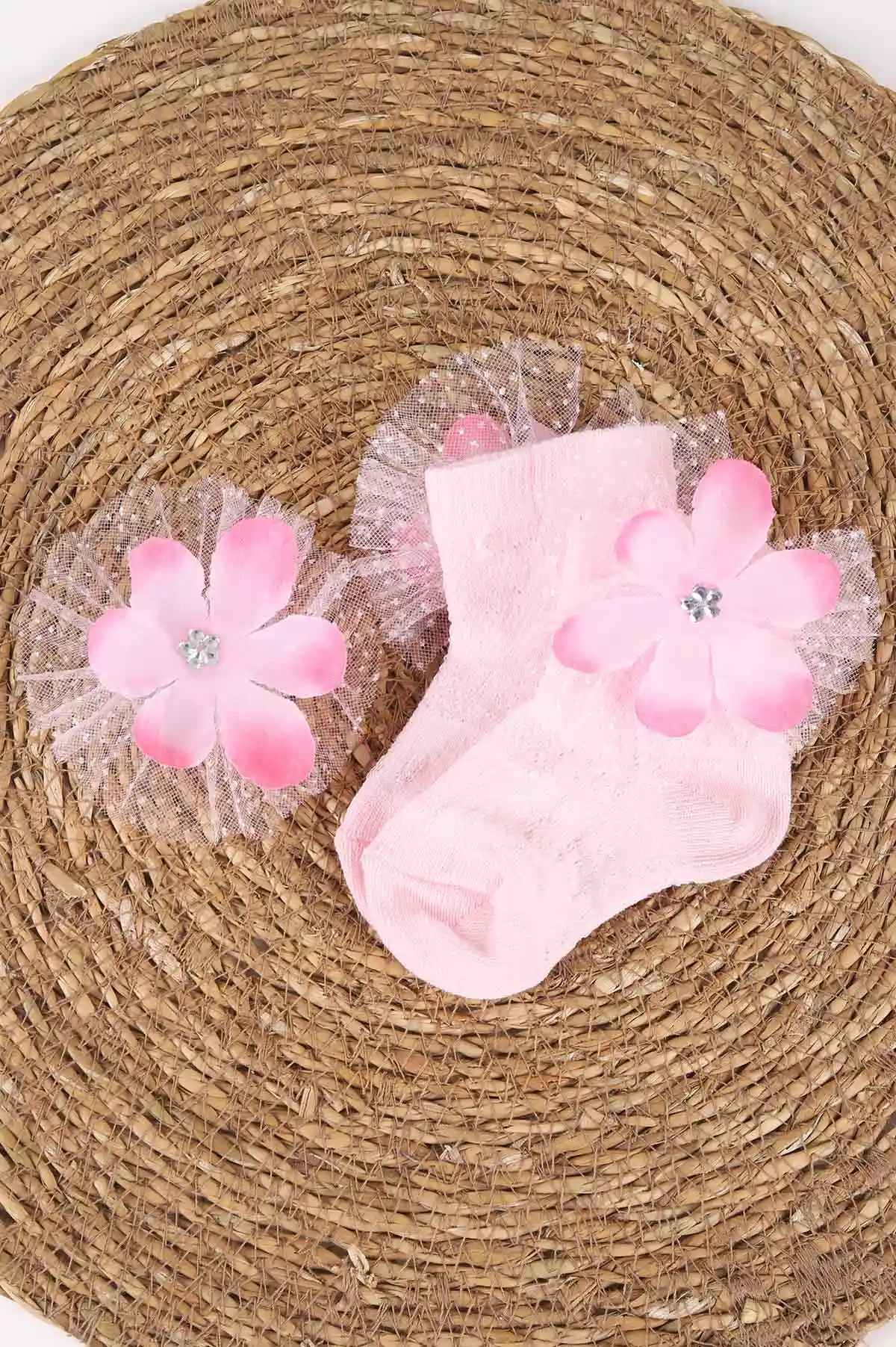 Pembe (0-6 Ay)Çiçek Üzeri Taşlı Tüllü Kız Bebek Çorap 467388
