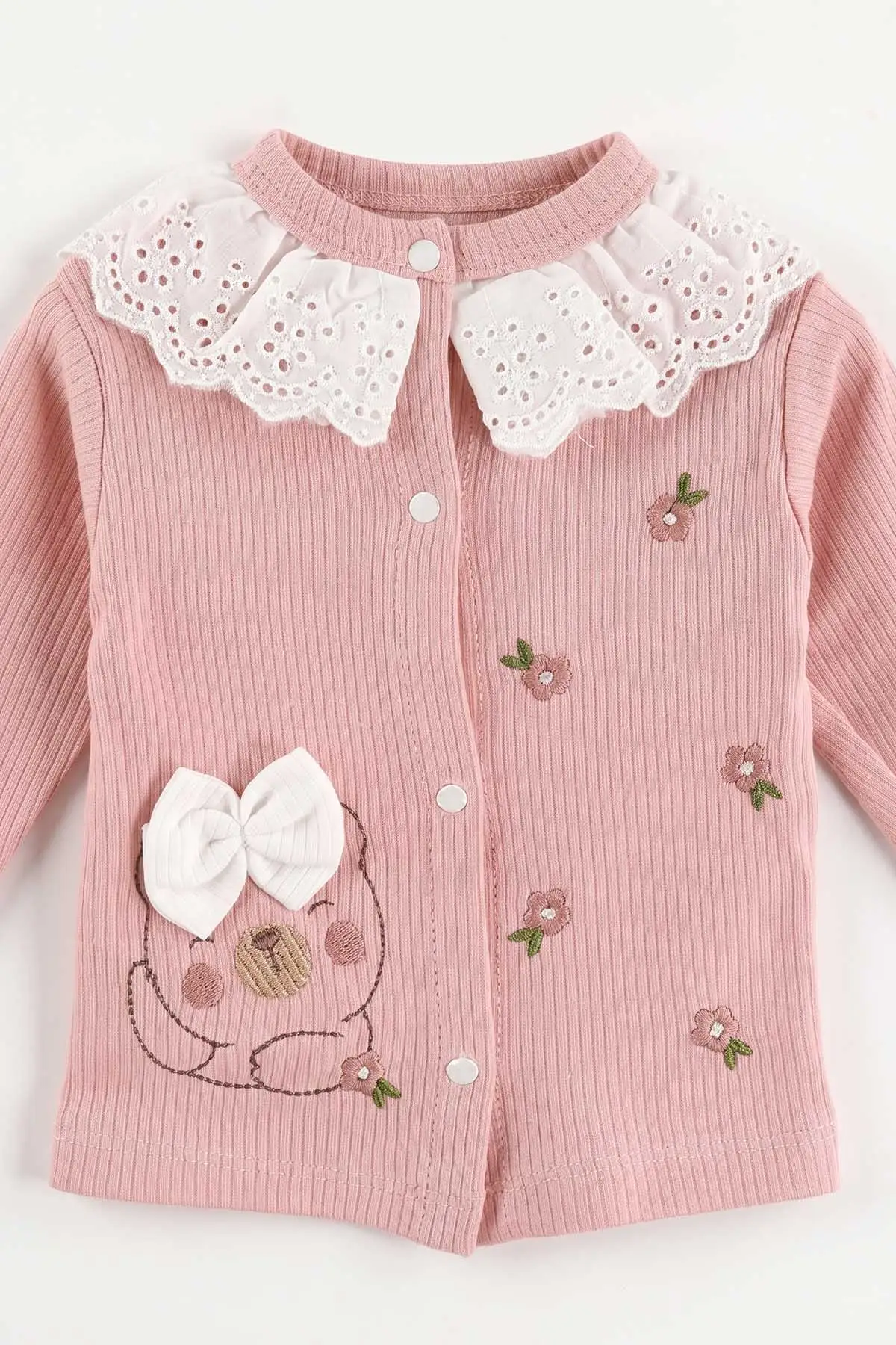 Pembe (0-6 Ay)Süslü Fiyonklu Ayı Nakışlı Yenidoğan Kız Bebek 10'lu Zıbın ve Hastane Çıkış Setleri 475490