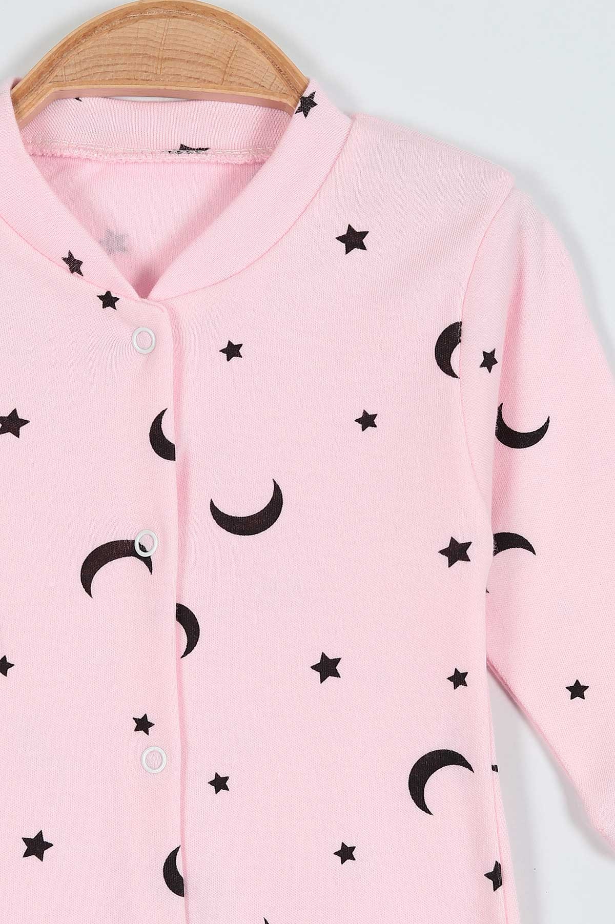 Pembe (0-9 Ay) Ay Yıldız Desenli Çıtçıtlı Kız Bebe Tulum 203406