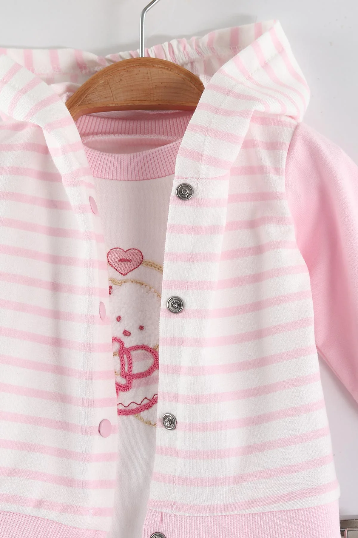 Pembe (0-9 Ay) Ayıcık Nakışlı Kapüşonlu Hırkalı Kız Bebek 3'lü Takım 449178