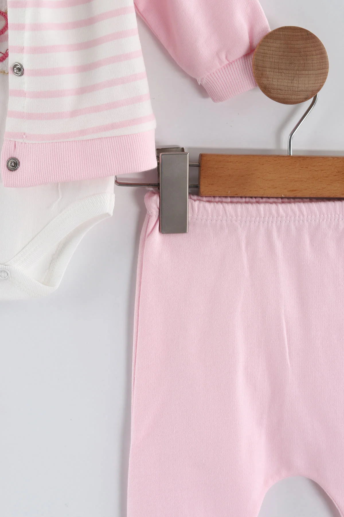 Pembe (0-9 Ay) Ayıcık Nakışlı Kapüşonlu Hırkalı Kız Bebek 3'lü Takım 449178