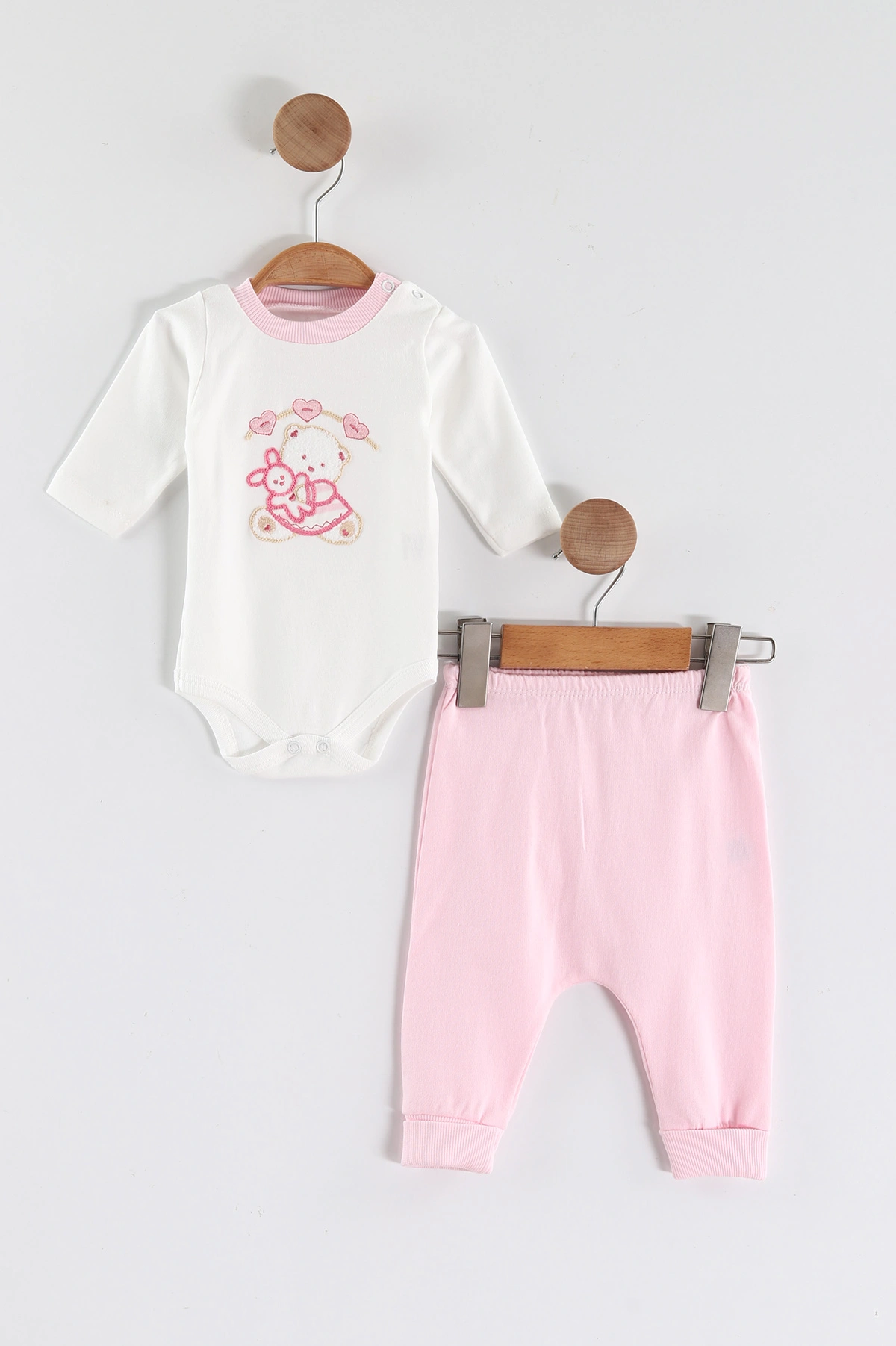 Pembe (0-9 Ay) Ayıcık Nakışlı Kapüşonlu Hırkalı Kız Bebek 3'lü Takım 449178