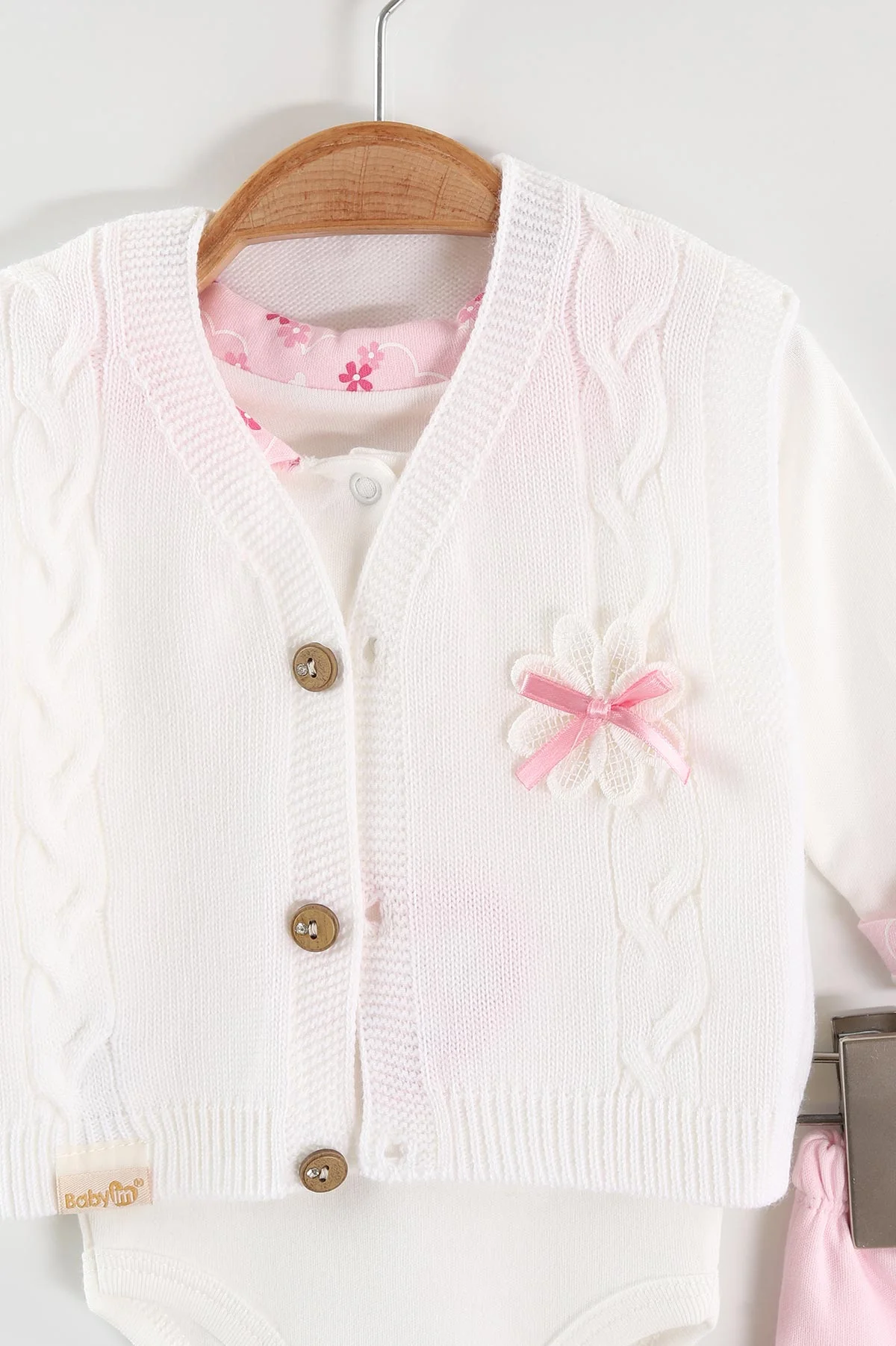 Pembe (0-9 Ay) Ayıcık Nakışlı  Zıbınlı Triko Hırkalı Kız Bebek 3'lü Takım 456389