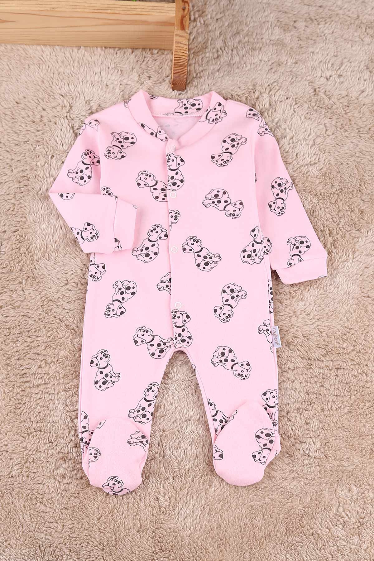 Pembe (0-9 Ay) Benekli Köpek Baskılı Çıtçıtlı Patikli Kız Bebe Tulum 180094