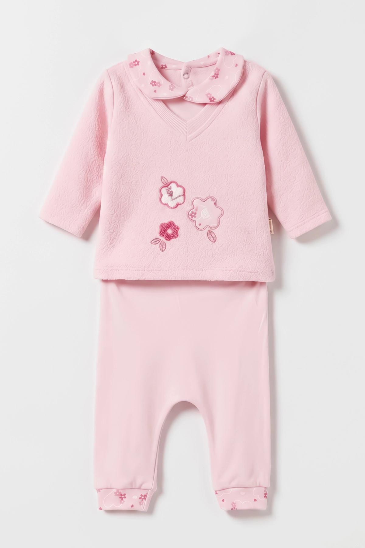 Pembe (0-9 Ay) Çiçek Nakışlı Bebe Yaka Kız Bebek 2'li Takım 477051
