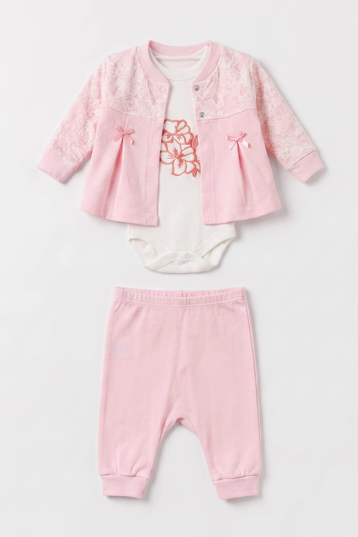 Pembe (0-9 Ay) Çiçek Nakışlı Zıbınlı Hırkalı 3'lü Kız Bebek Takım  475951