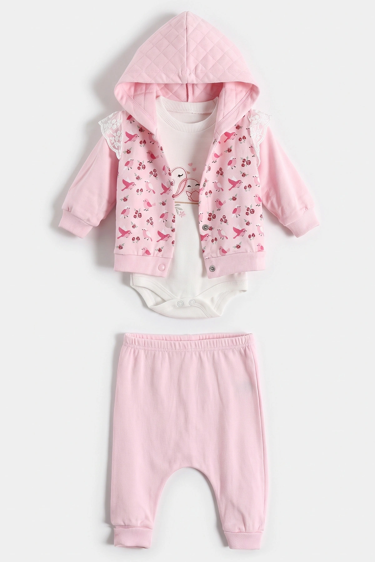 Pembe (0-9 Ay) Çiçekli Kuş Nakışlı Kapüşonlu 3'lü Kız Bebek Takım 476059