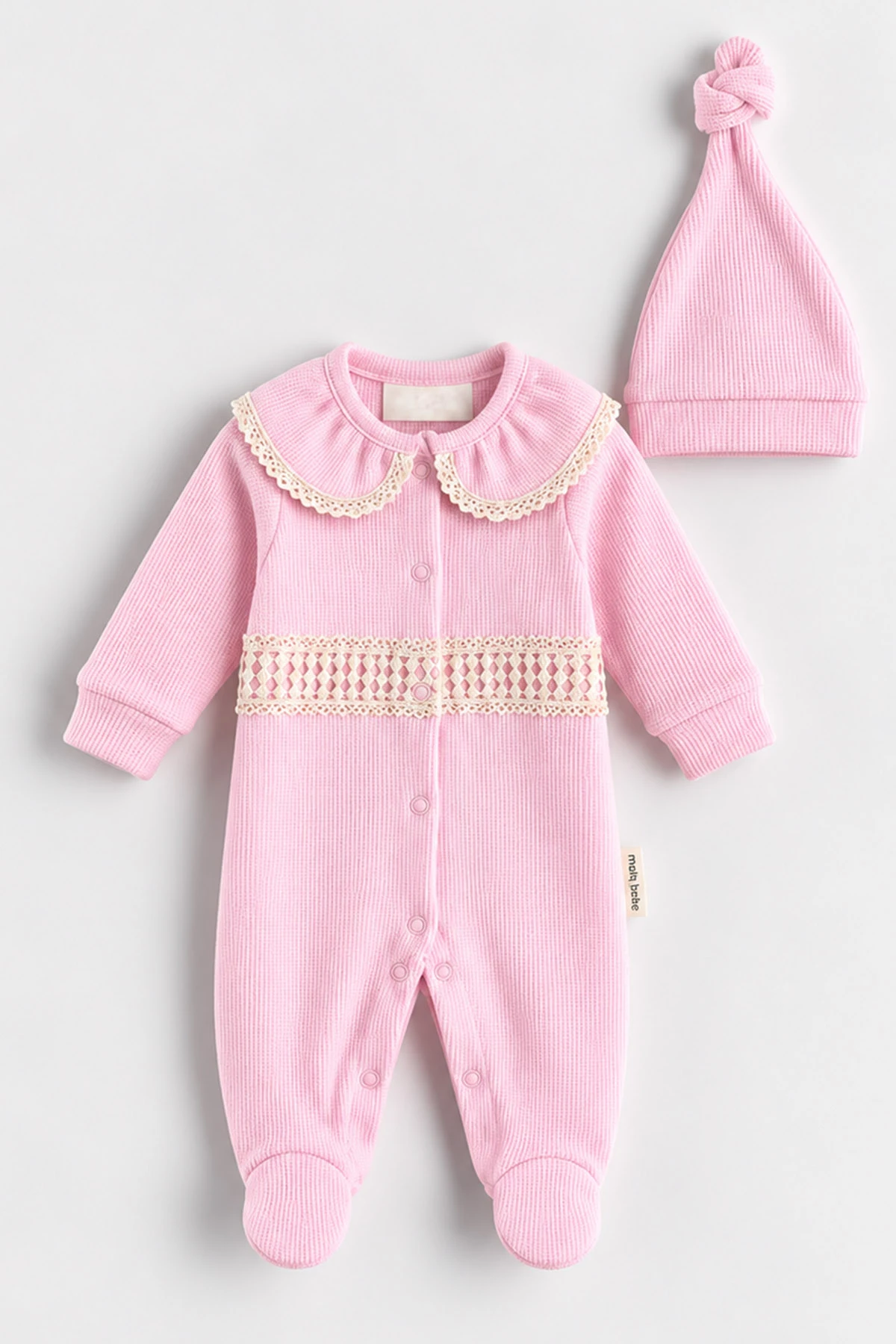 Pembe (0-9 Ay)  Fisto Yakalı  Waffle Kumaş Çıtçıtlı Şapkalı Kız Bebek Tulum 486979