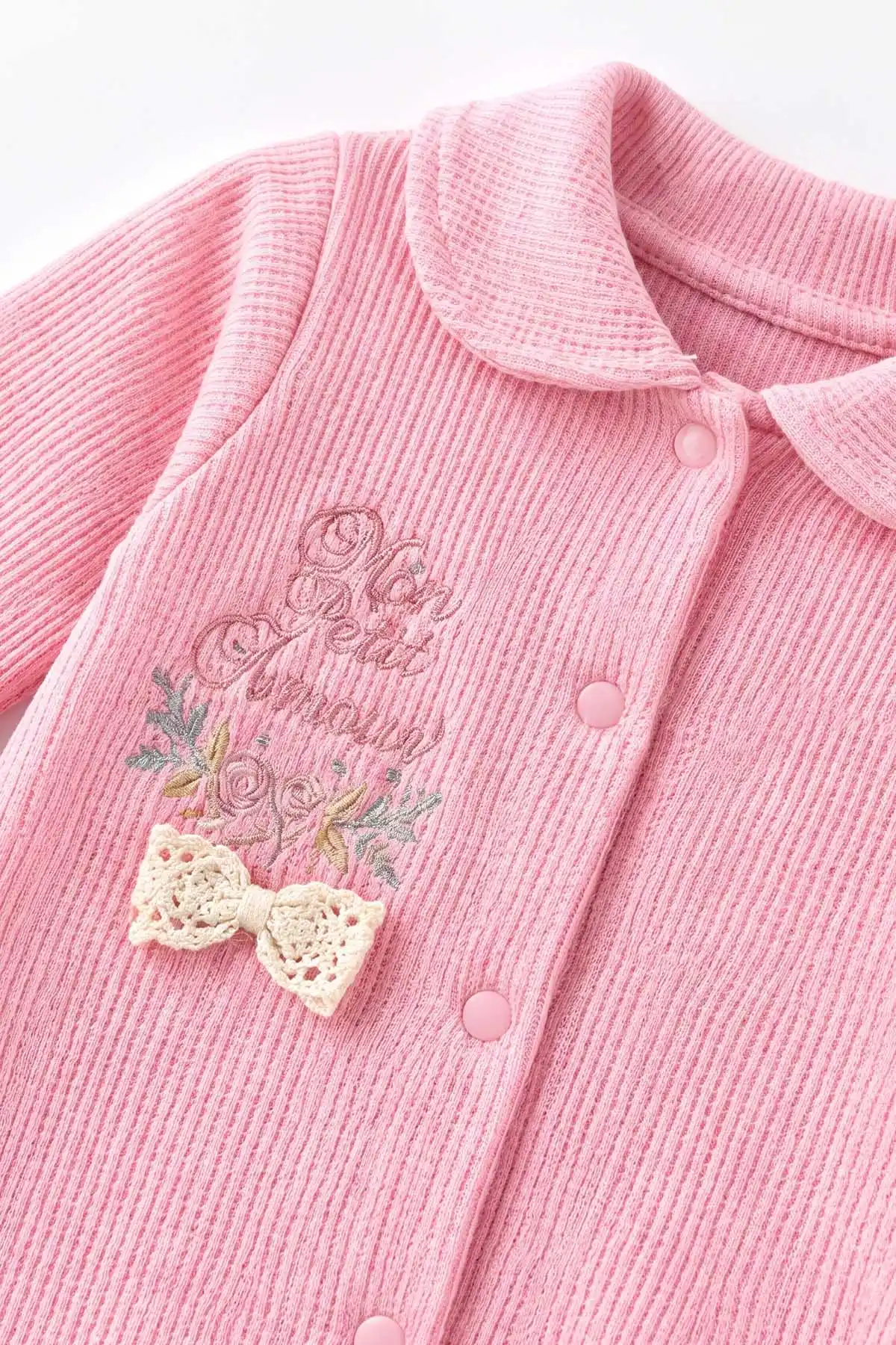 Pembe (0-9 Ay)  Fiyonklu Çiçek Nakışlı Waffle Kumaş Çıtçıtlı Şapkalı Kız Bebek Tulum 486987