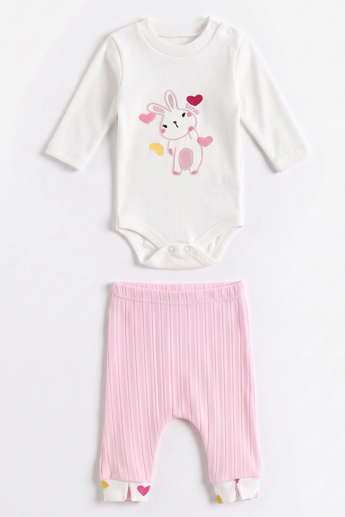 Pembe (0-9 Ay) Kalpli Tavşan Nakışlı Kapüşonlu Hırkalı Kız Bebek 3'lü Takım 476061