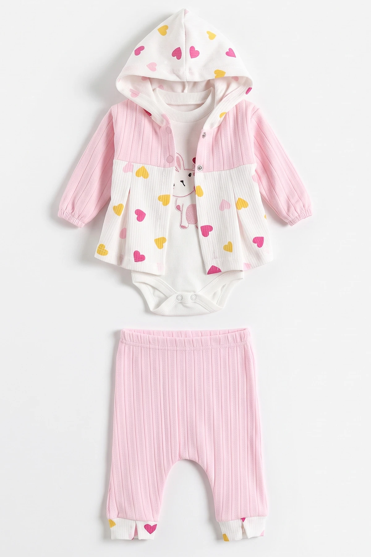Pembe (0-9 Ay) Kalpli Tavşan Nakışlı Kapüşonlu Hırkalı Kız Bebek 3'lü Takım 476061