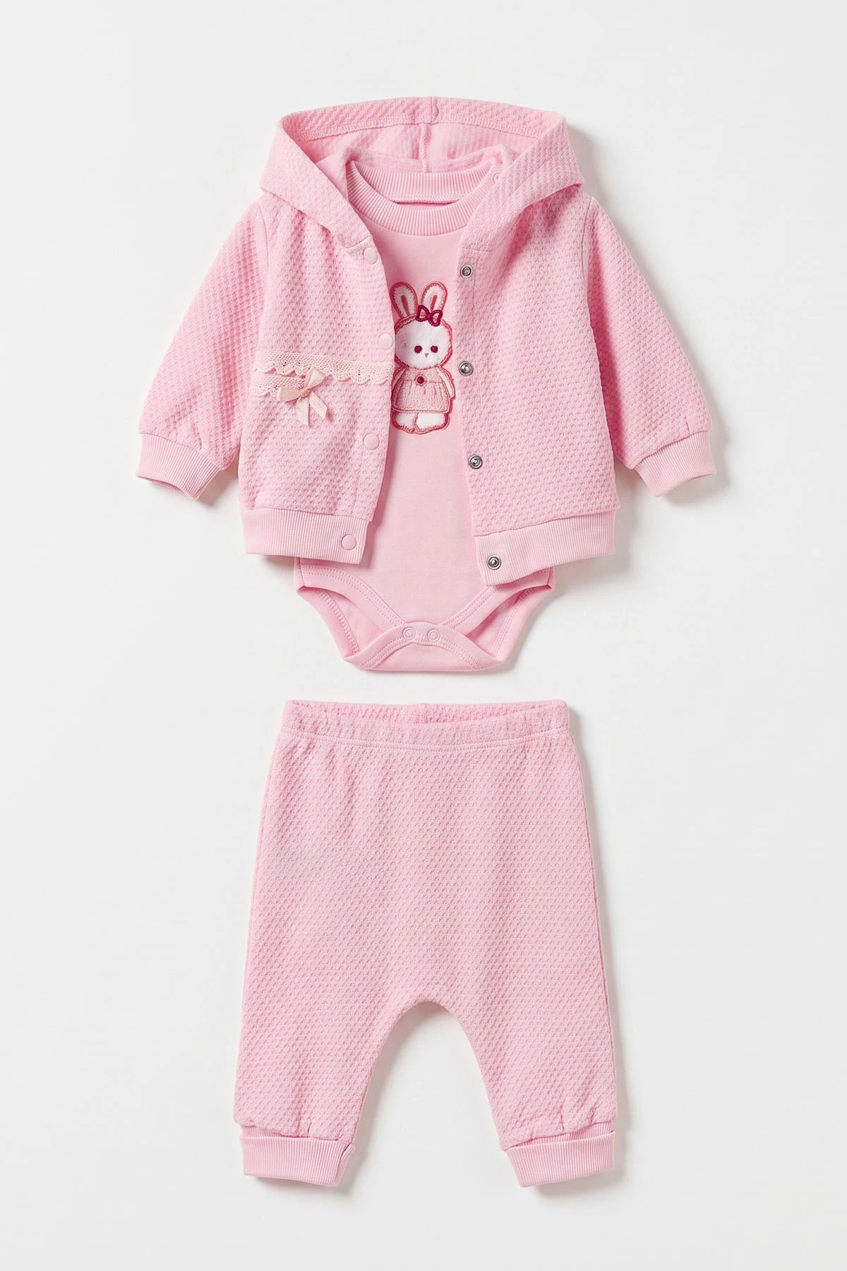 Pembe (0-9 Ay) Kedi Nakışlı Zıbınlı Kapüşonlu Hırkalı Kız Bebek 3'lü Takım 475943