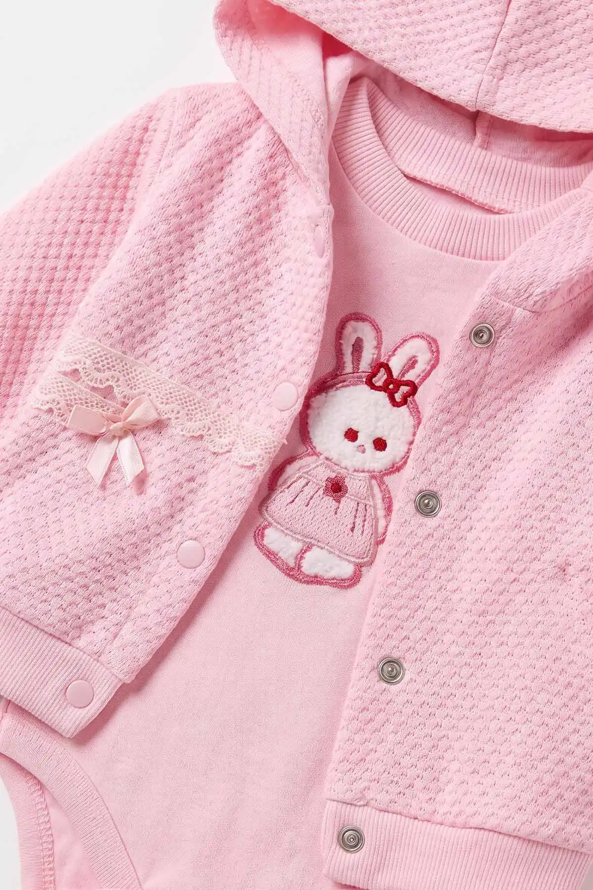 Pembe (0-9 Ay) Kedi Nakışlı Zıbınlı Kapüşonlu Hırkalı Kız Bebek 3'lü Takım 475943
