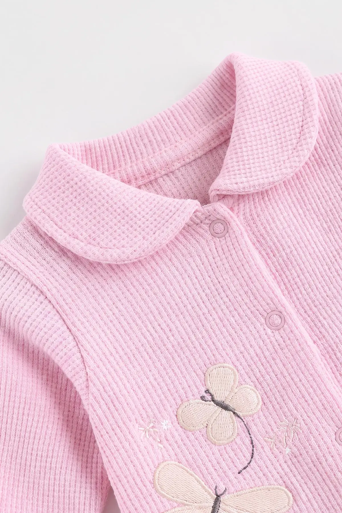 Pembe (0-9 Ay)  Kelebek Nakışlı Waffle Kumaş Çıtçıtlı Şapkalı Kız Bebek Tulum 487000