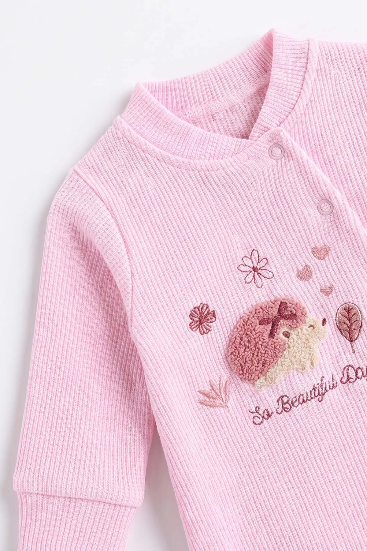 Pembe (0-9 Ay) Kirpi Nakışlı Waffle Kumaş Çıtçıtlı Şapkalı Kız Bebek Tulum 486991