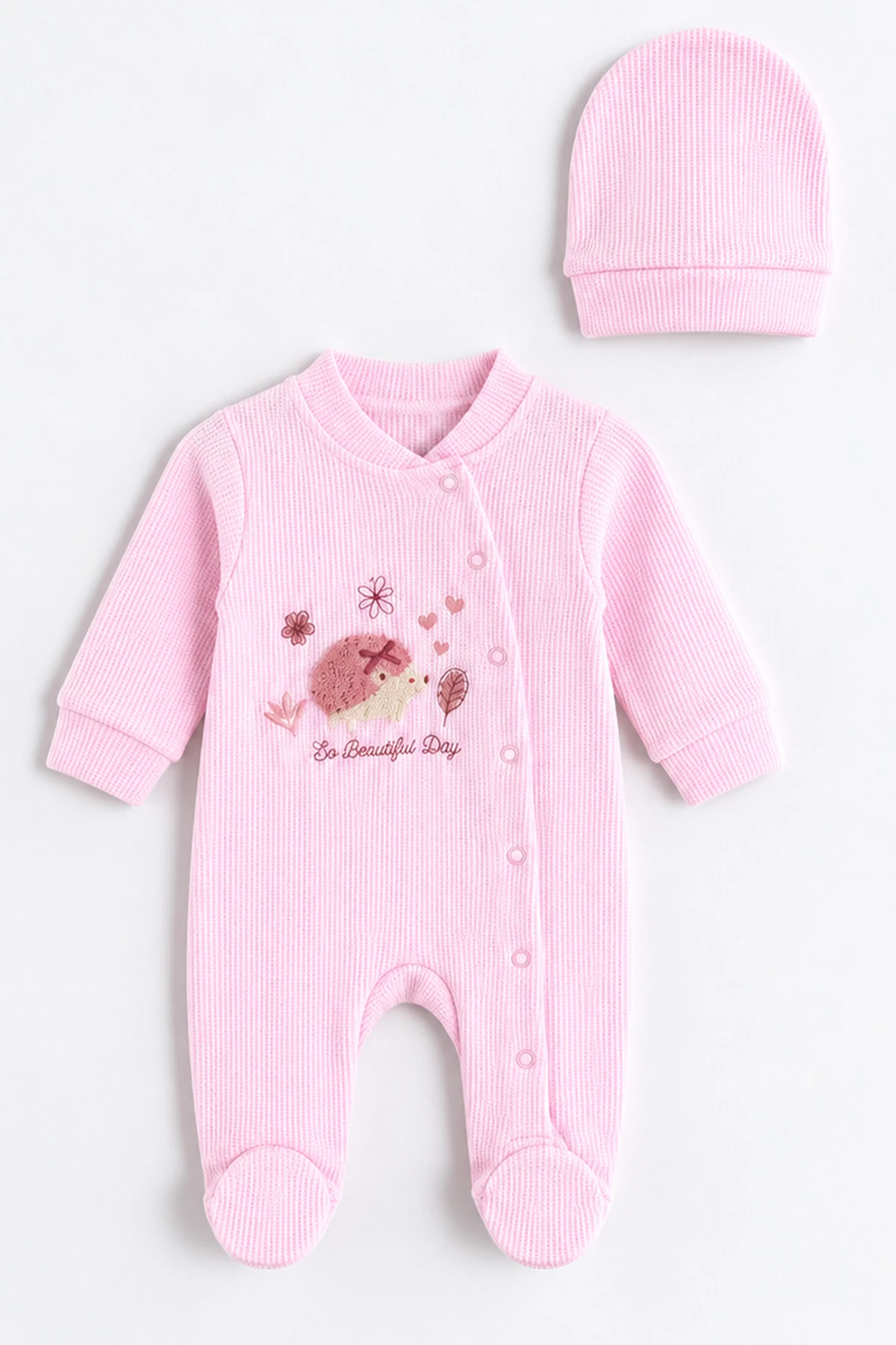 Pembe (0-9 Ay)  Kirpi Nakışlı Waffle Kumaş Çıtçıtlı Şapkalı Kız Bebek Tulum 486991