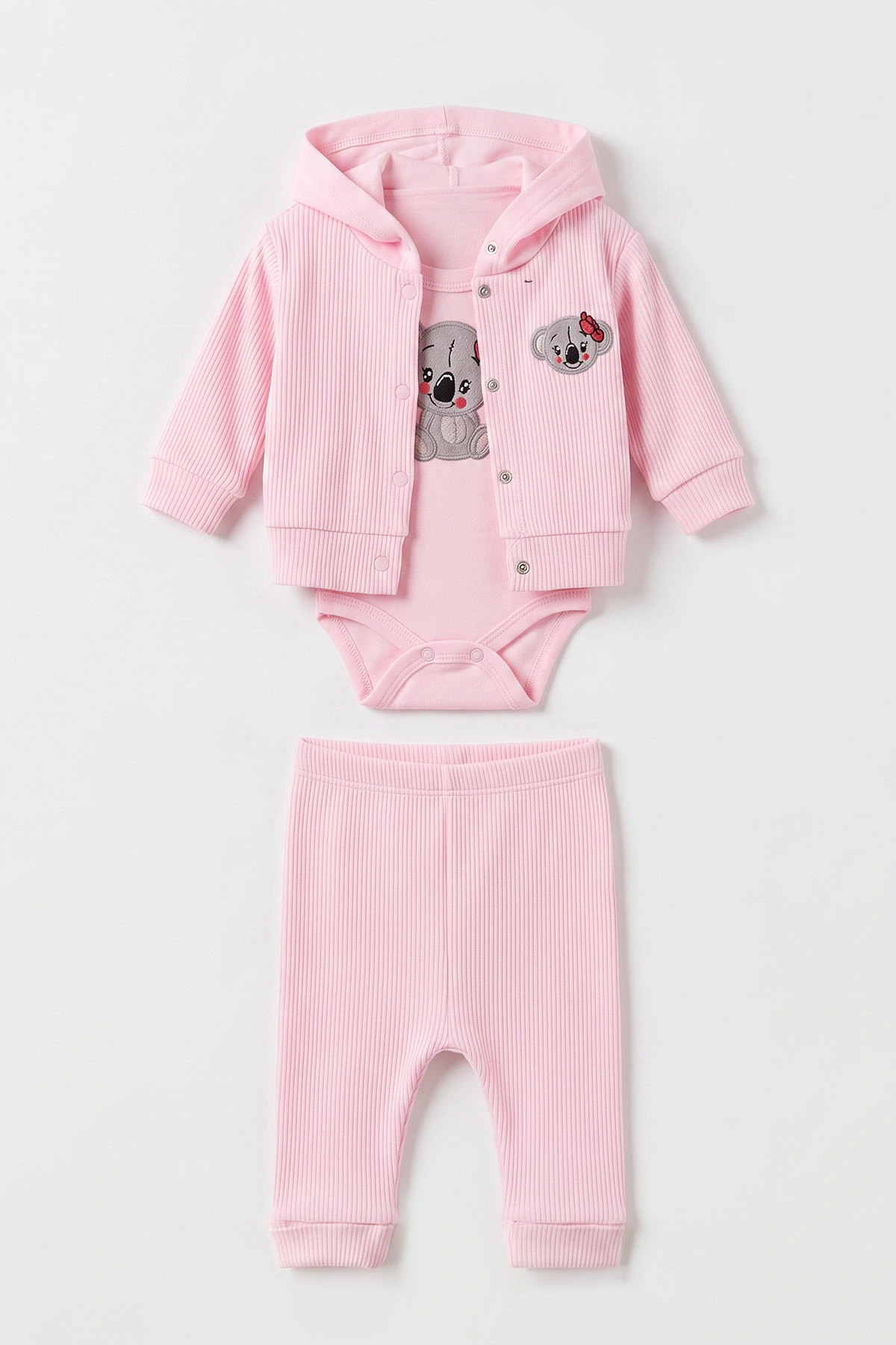 Pembe (0-9 Ay) Koala Nakışlı Zıbınlı Hırkalı 3'lü Kız Bebek Takım 475960