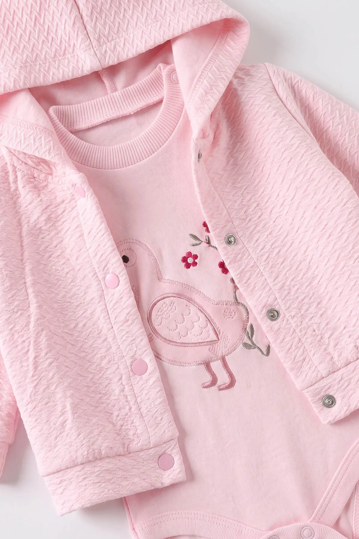Pembe (0-9 Ay) Kuş Nakışlı Zıbınlı Kapüşonlu Hırkalı Kız Bebek 3'lü Takım 476052