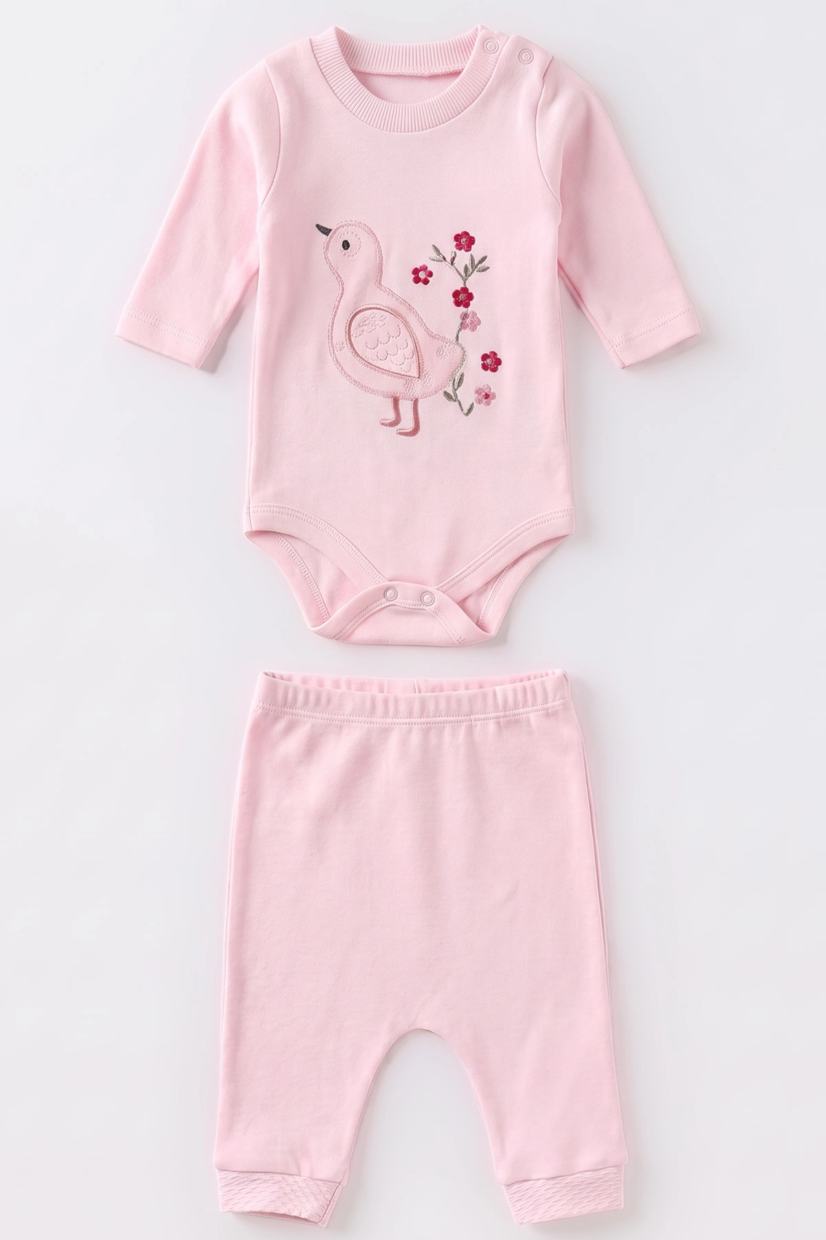 Pembe (0-9 Ay) Kuş Nakışlı Zıbınlı Kapüşonlu Hırkalı Kız Bebek 3'lü Takım 476052