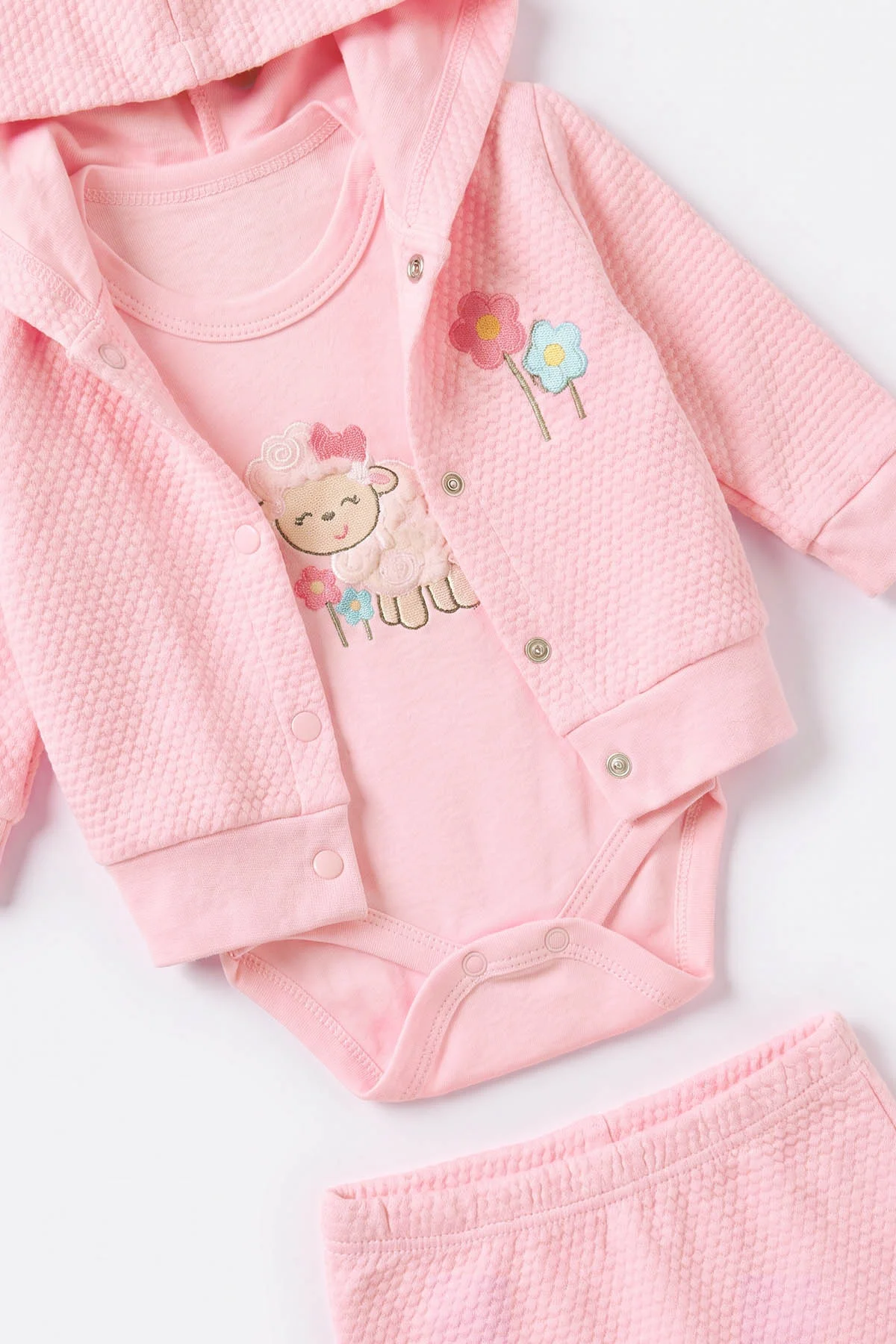 Pembe (0-9 Ay) Kuzu Nakışlı Zıbınlı Hırkalı 3'lü Kız Bebek Takım 475959