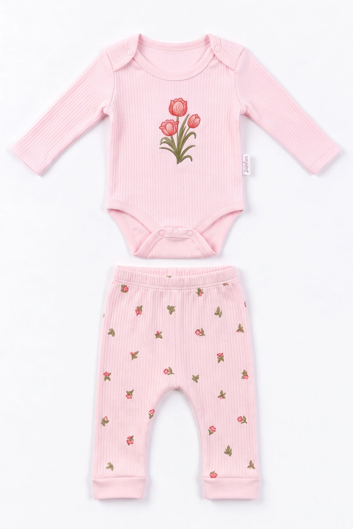 Pembe (0-9 Ay) Lale Nakışlı   Kız Bebek Takım 480478