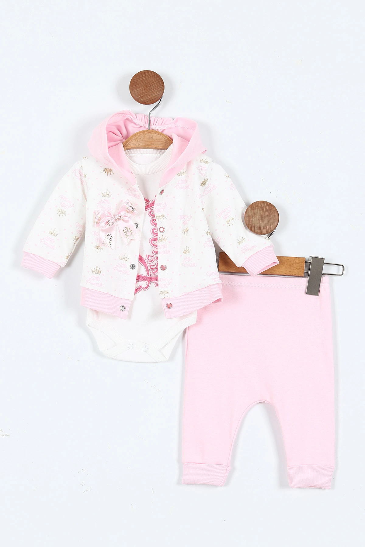 Pembe (0-9 Ay)  Princess Nakışlı   Zıbınlı Kapüşonlu Hırkalı   Kız  Bebek 3'lü Takım 408491