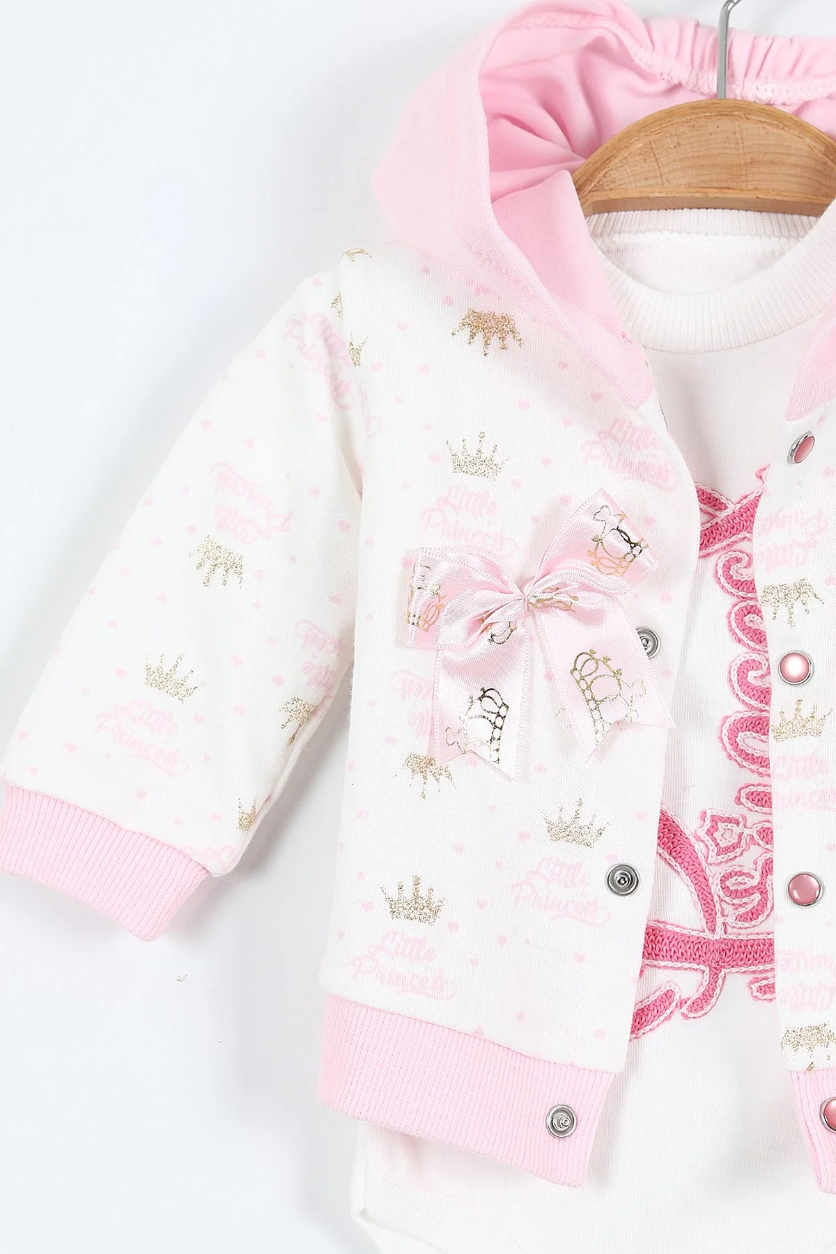 Pembe (0-9 Ay)  Princess Nakışlı   Zıbınlı Kapüşonlu Hırkalı   Kız  Bebek 3'lü Takım 408491