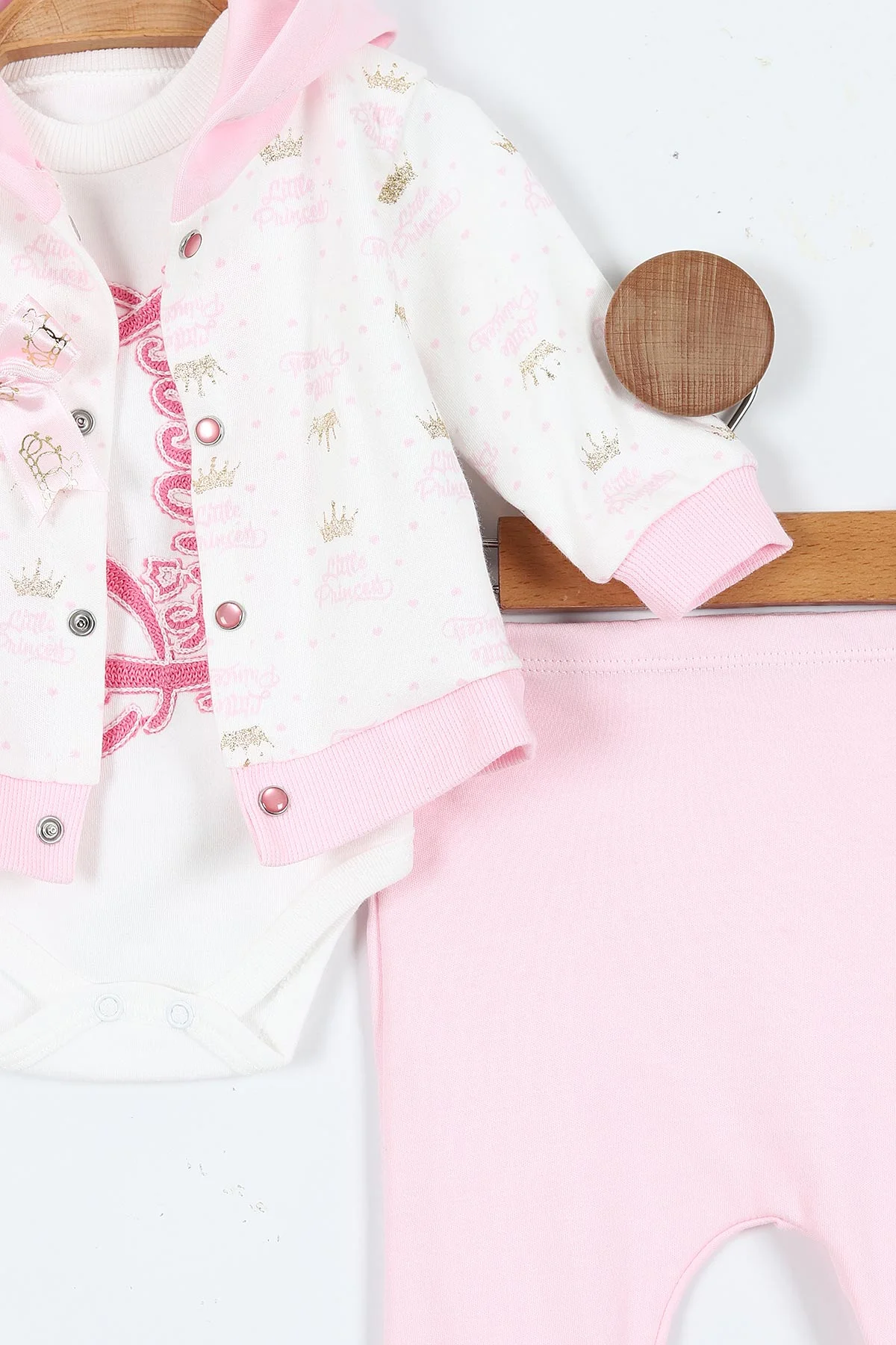 Pembe (0-9 Ay)  Princess Nakışlı   Zıbınlı Kapüşonlu Hırkalı   Kız  Bebek 3'lü Takım 408491