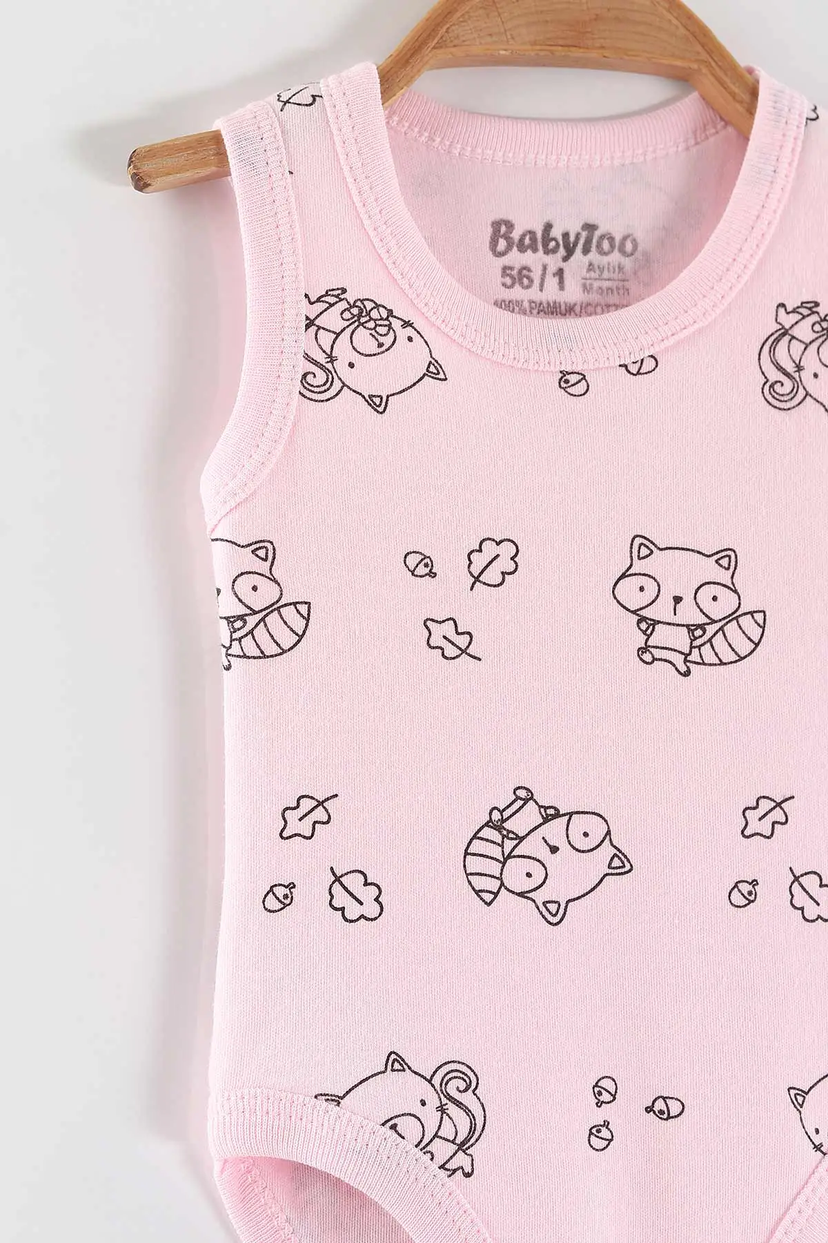 Pembe (0-9 Ay) Rakun Desenli   Sıfır Kol Bebek Çıtçıtlı Badi 462997