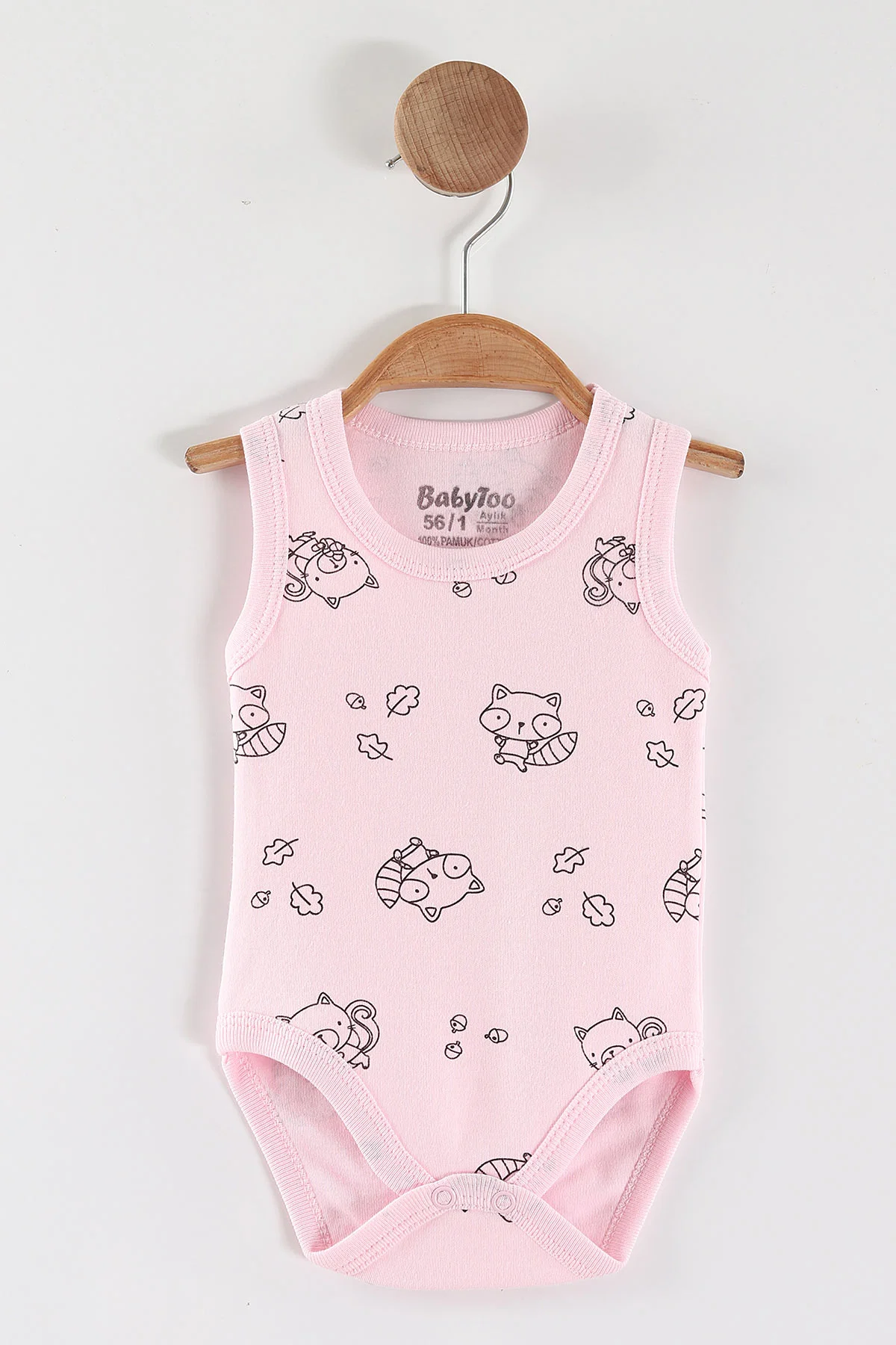 Pembe (0-9 Ay) Rakun Desenli   Sıfır Kol Bebek Çıtçıtlı Badi 462997