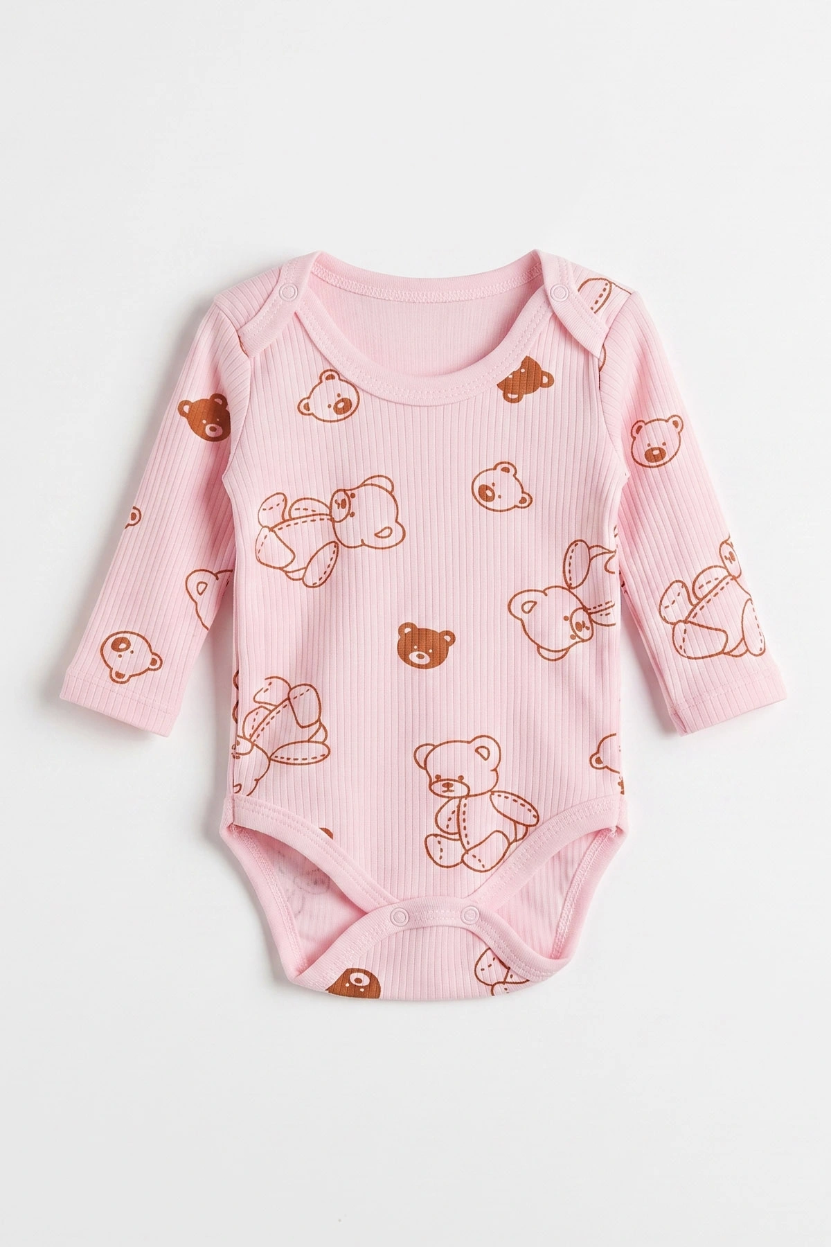 Pembe (0-9 Ay )Raporlu Ayıcık Desenli  Uzun Kollu    Bebek & Çocuk Çıtçıtlı Badi 480370