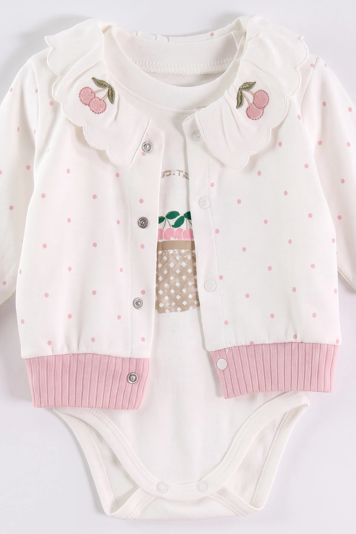 Pembe (0-9 Ay) Sepette Kiraz Baskılı Çıtçıtlı Badili Yakası Nakışlı Hırkalı  Bebek 3'lü Takım 477045