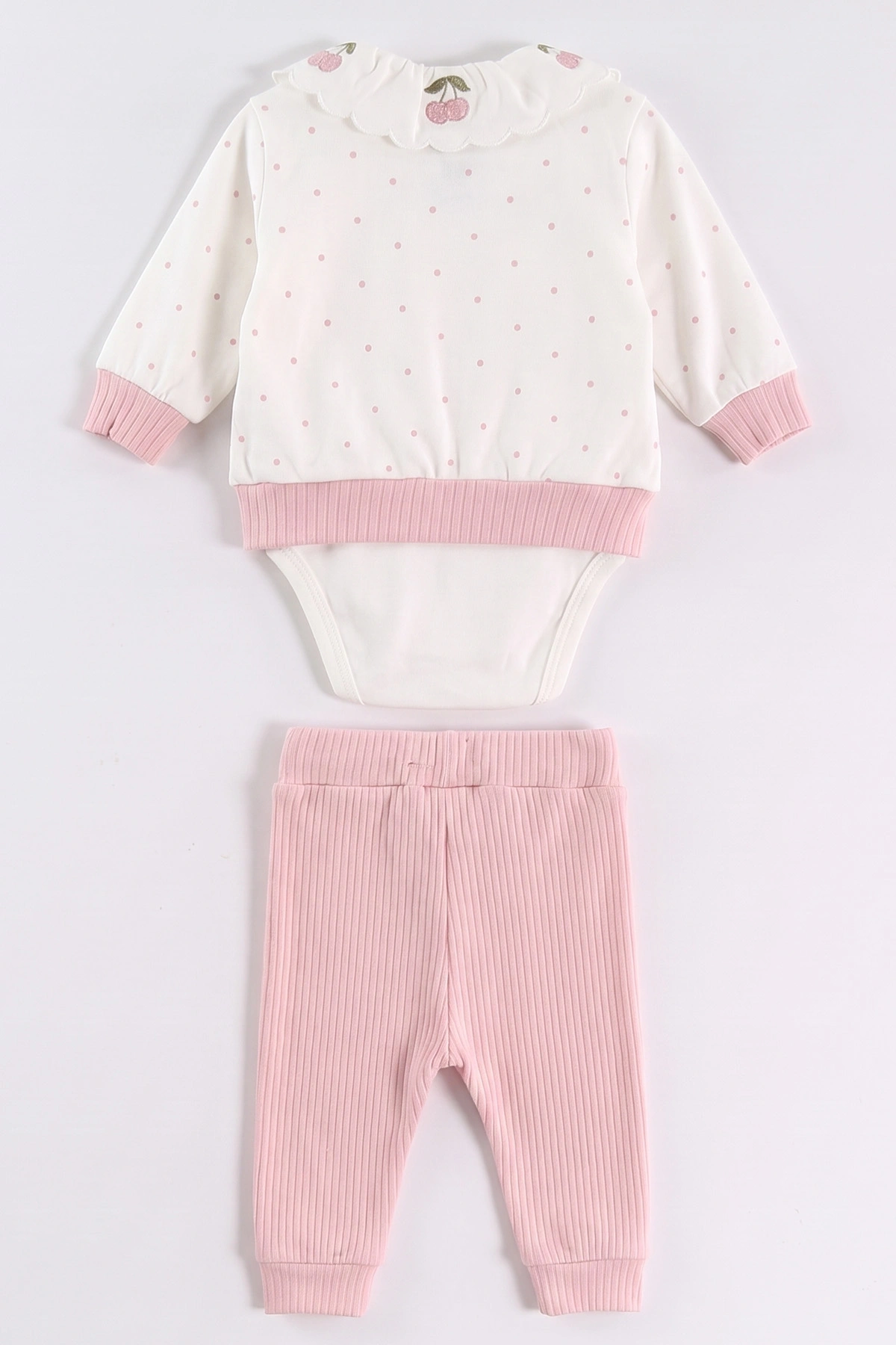 Pembe (0-9 Ay) Sepette Kiraz Baskılı Çıtçıtlı Badili Yakası Nakışlı Hırkalı  Bebek 3'lü Takım 477045