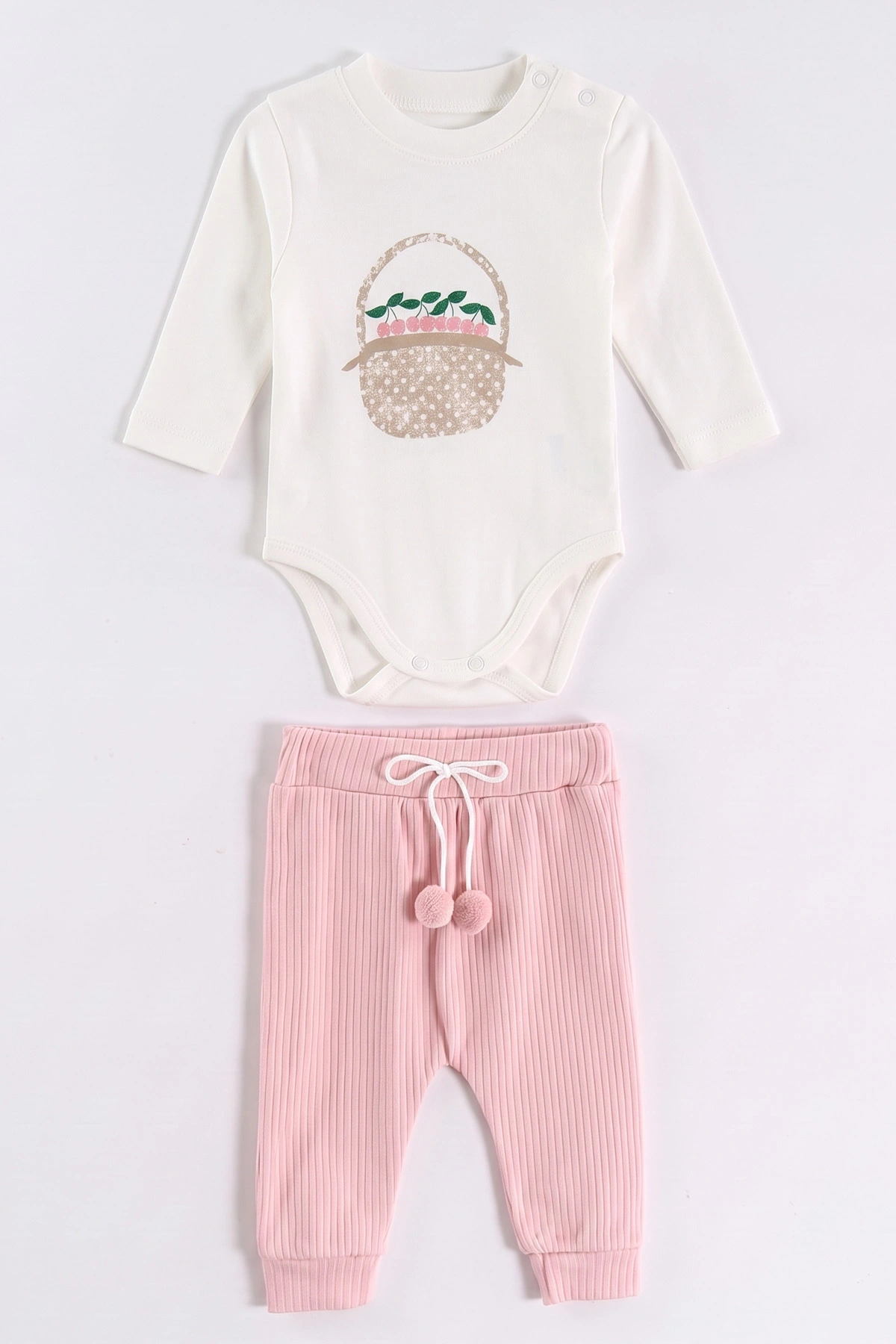 Pembe (0-9 Ay) Sepette Kiraz Baskılı Çıtçıtlı Badili Yakası Nakışlı Hırkalı  Bebek 3'lü Takım 477045