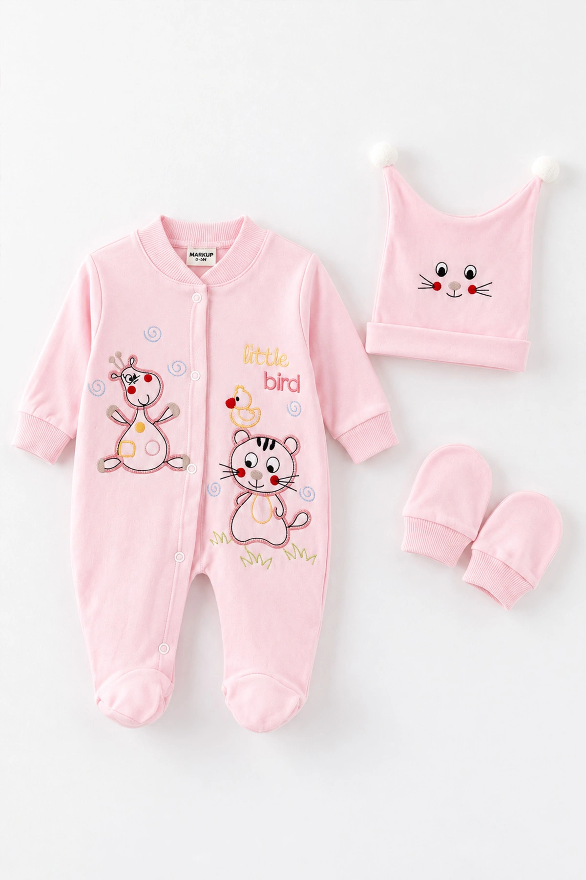 Pembe (0-9 Ay) Sevimli Hayvanlar Nakışlı Şapkalı Eldivenli Penye Bebek Tulum 500413