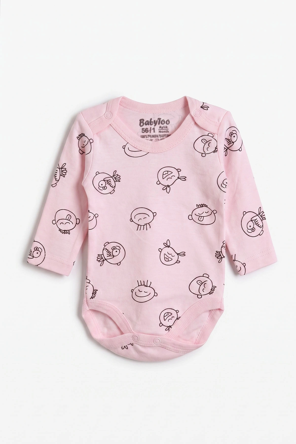 Pembe (0-9 Ay) Sevimli Surat Desenli Uzun Kol Bebek Çıtçıtlı Badi 482331