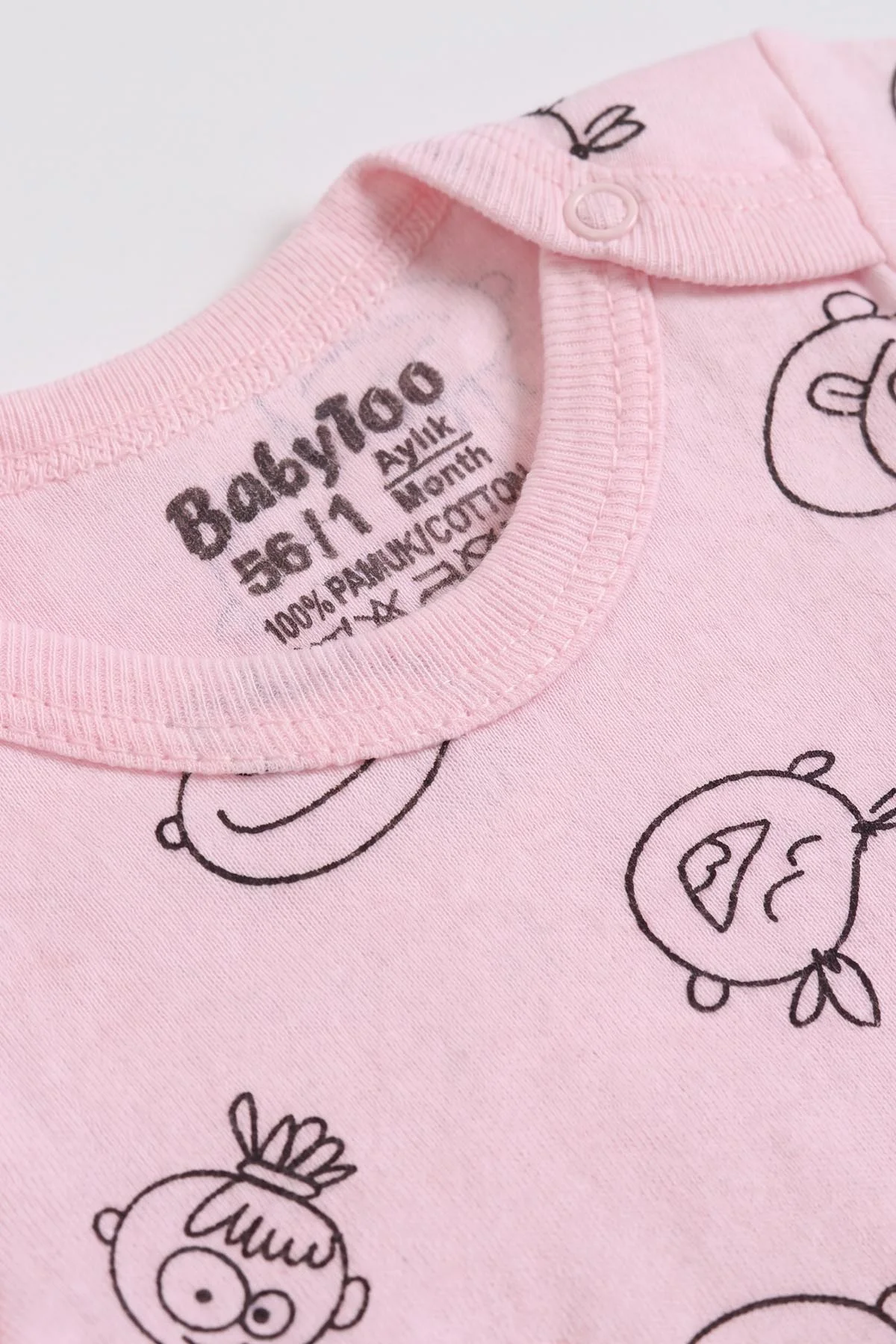 Pembe (0-9 Ay) Sevimli Surat Desenli Uzun Kol Bebek Çıtçıtlı Badi 482331