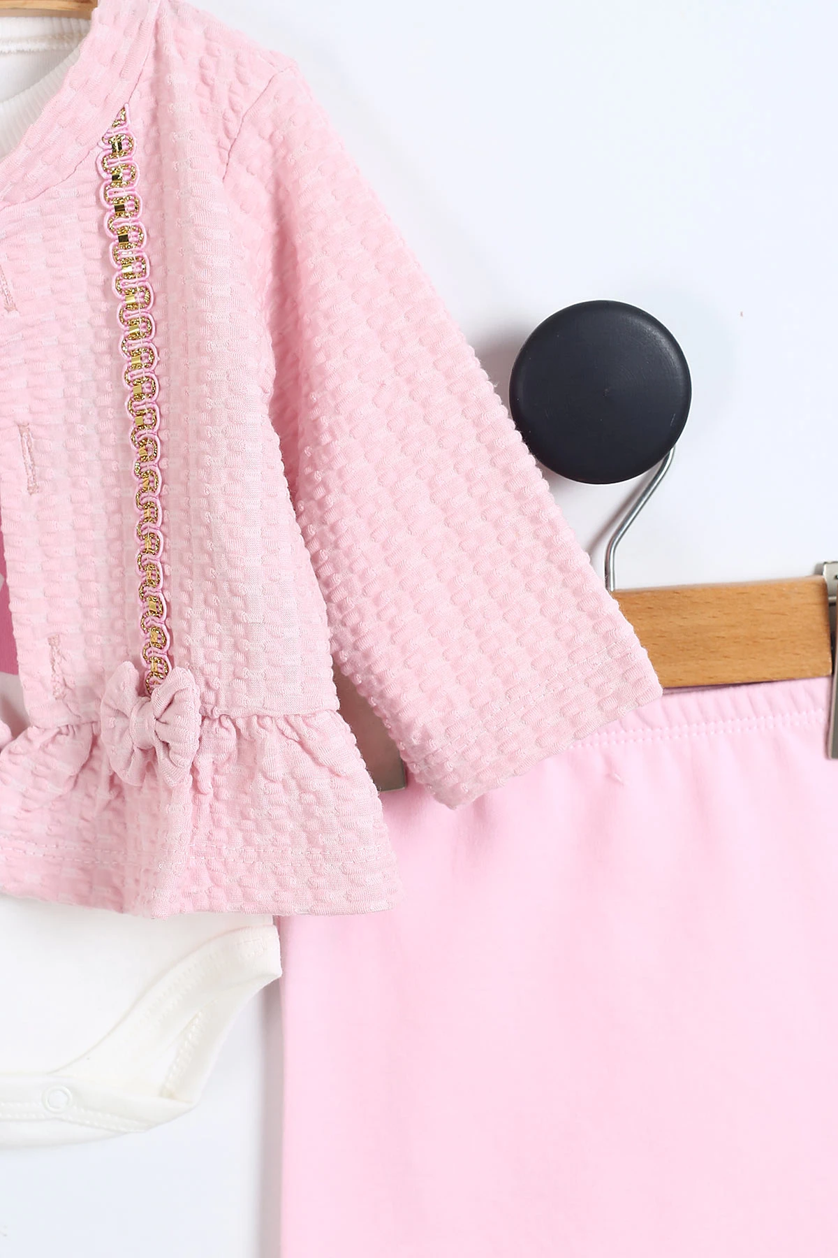 Pembe (0-9 Ay) Sim Aksesuarlı Fiyonklu Zıbınlı Hırkalı 3'lü Kız Bebek Takım 341369