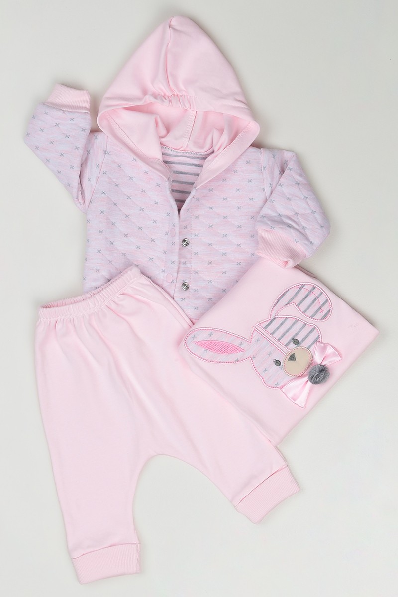 Pembe (0-9 Ay) Tavşan Baskılı Zıbınlı Kız Çocuk Üçlü Takım 84187